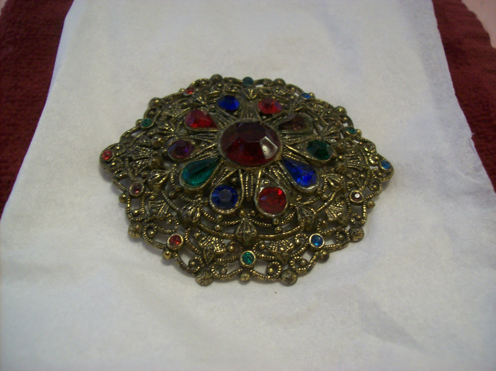 New England Glass Works Antique Brooch Multicolor Rhinestones Filigree Design