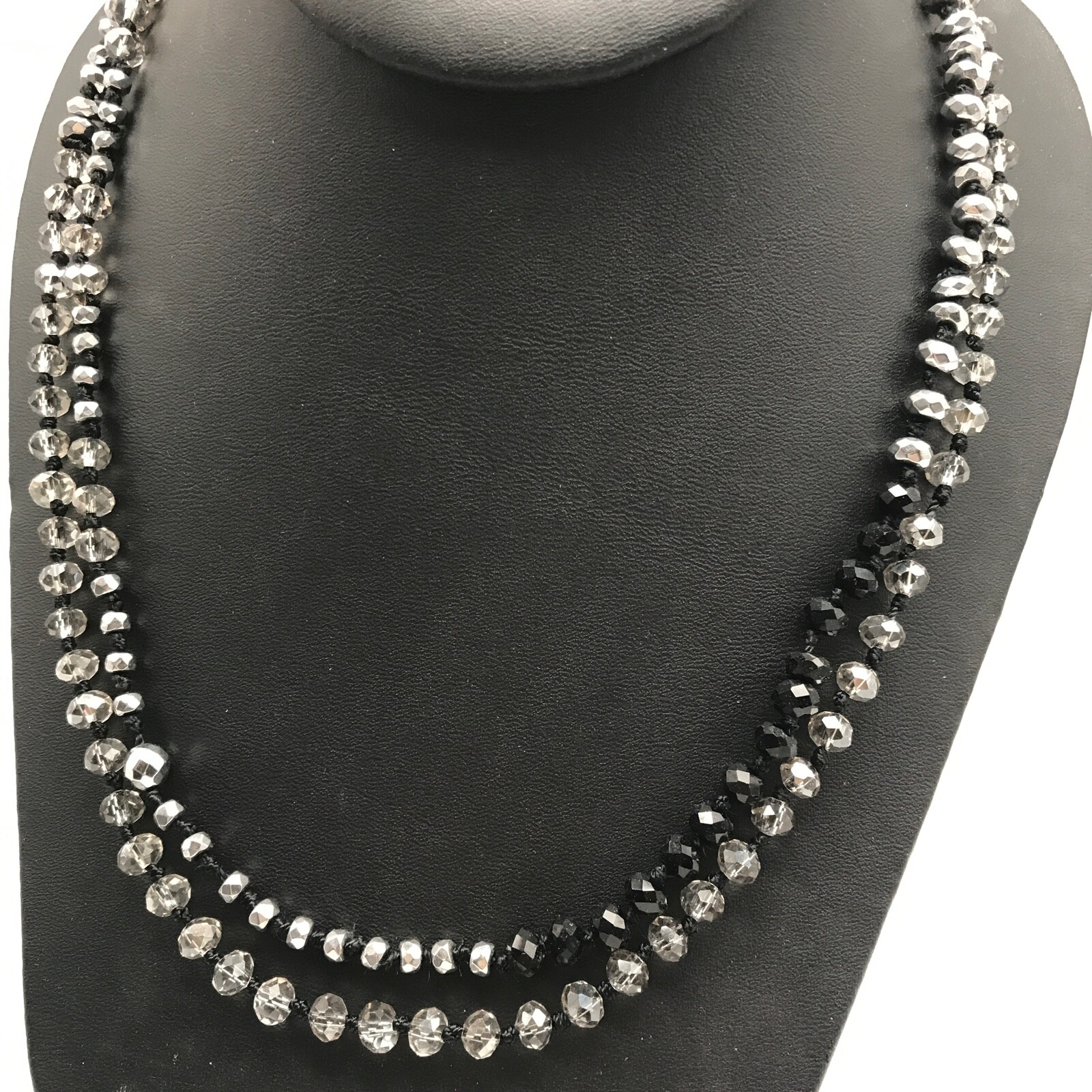 Vintage Clear Crystal Black Faceted Glass Beaded Long Hand Knot Strand Necklace