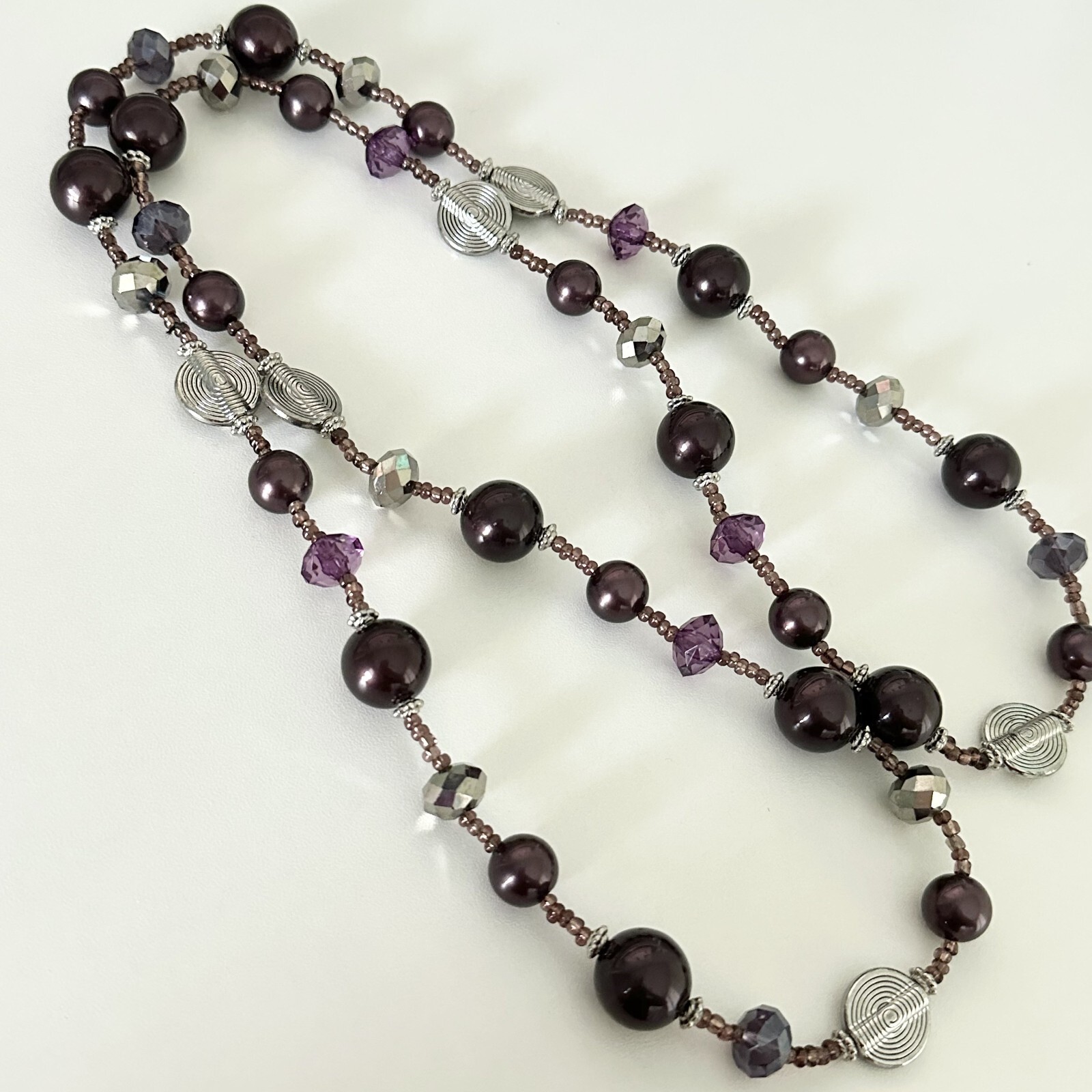 Vintage Purple & Silver Faceted Crystal Plum Acrylic Beaded Long Necklace 42″