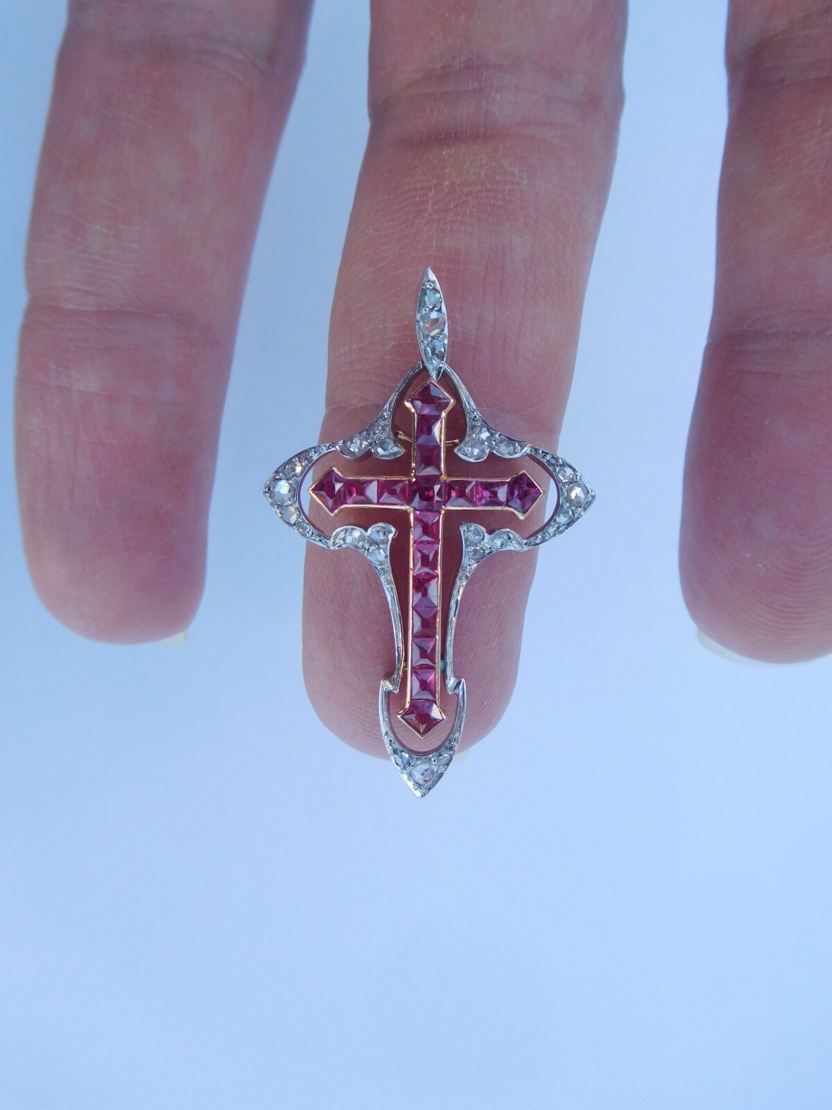 Belle Époque Art Nouveau 18K Rose Gold Platinum Diamonds Rubies Cross Pendant 🥀
