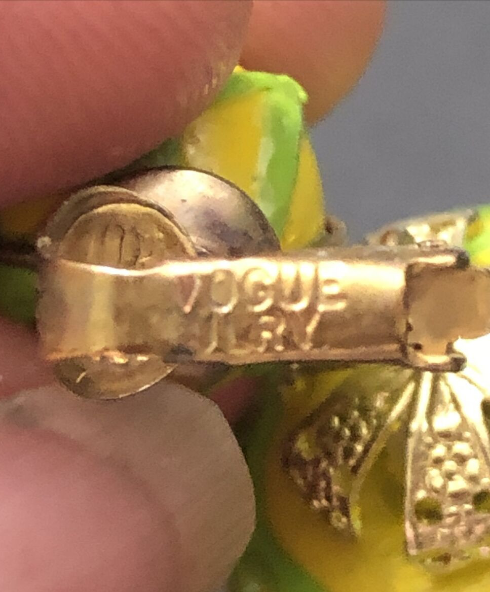 Vintage Signed VOGUE JLRY yellow & green Art Deco Dangle Clip-On Earrings 2″