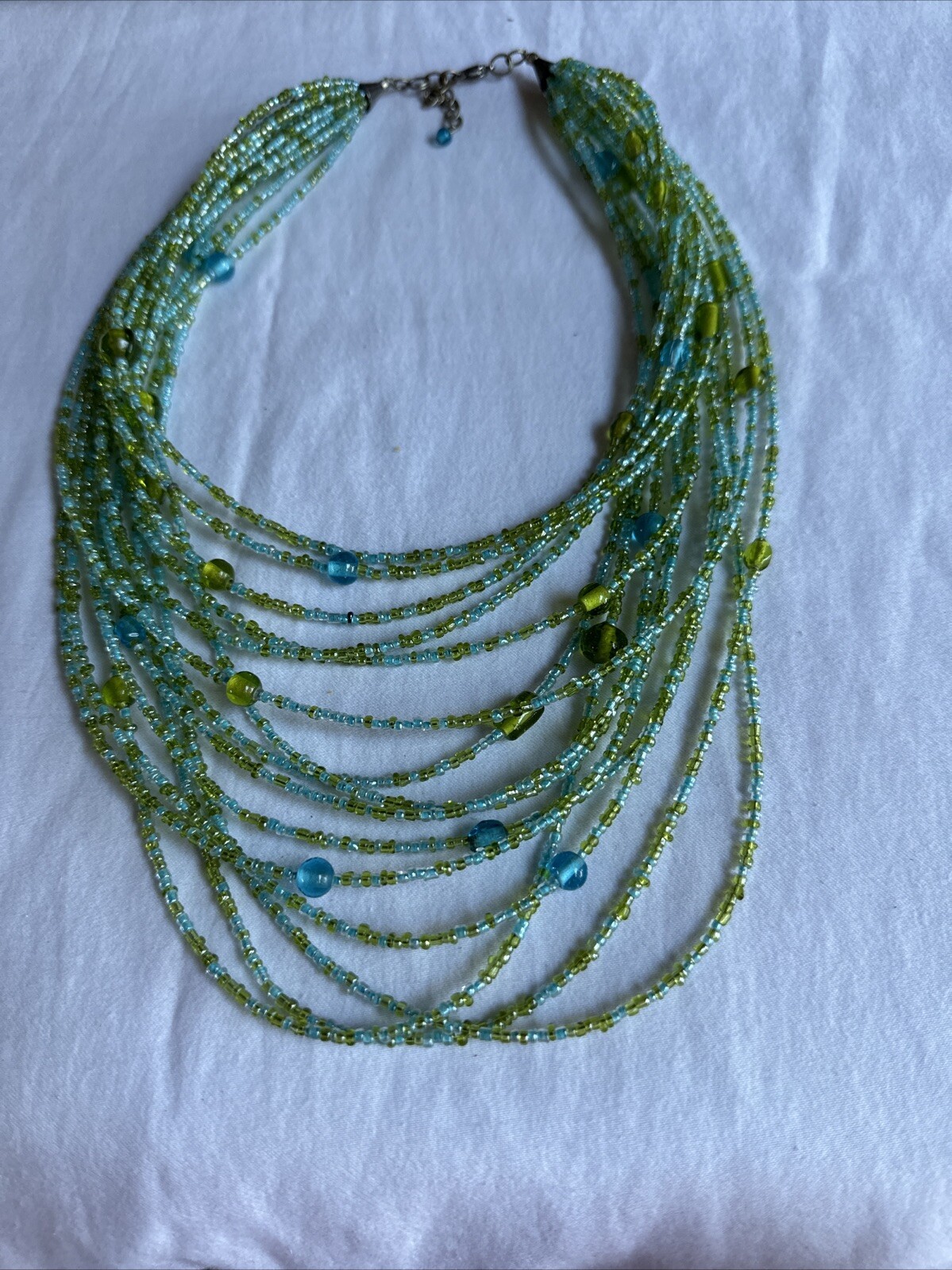 Vintage Seed Bead Multi Strand Wrap Statement Necklace Green, Blue, 22
