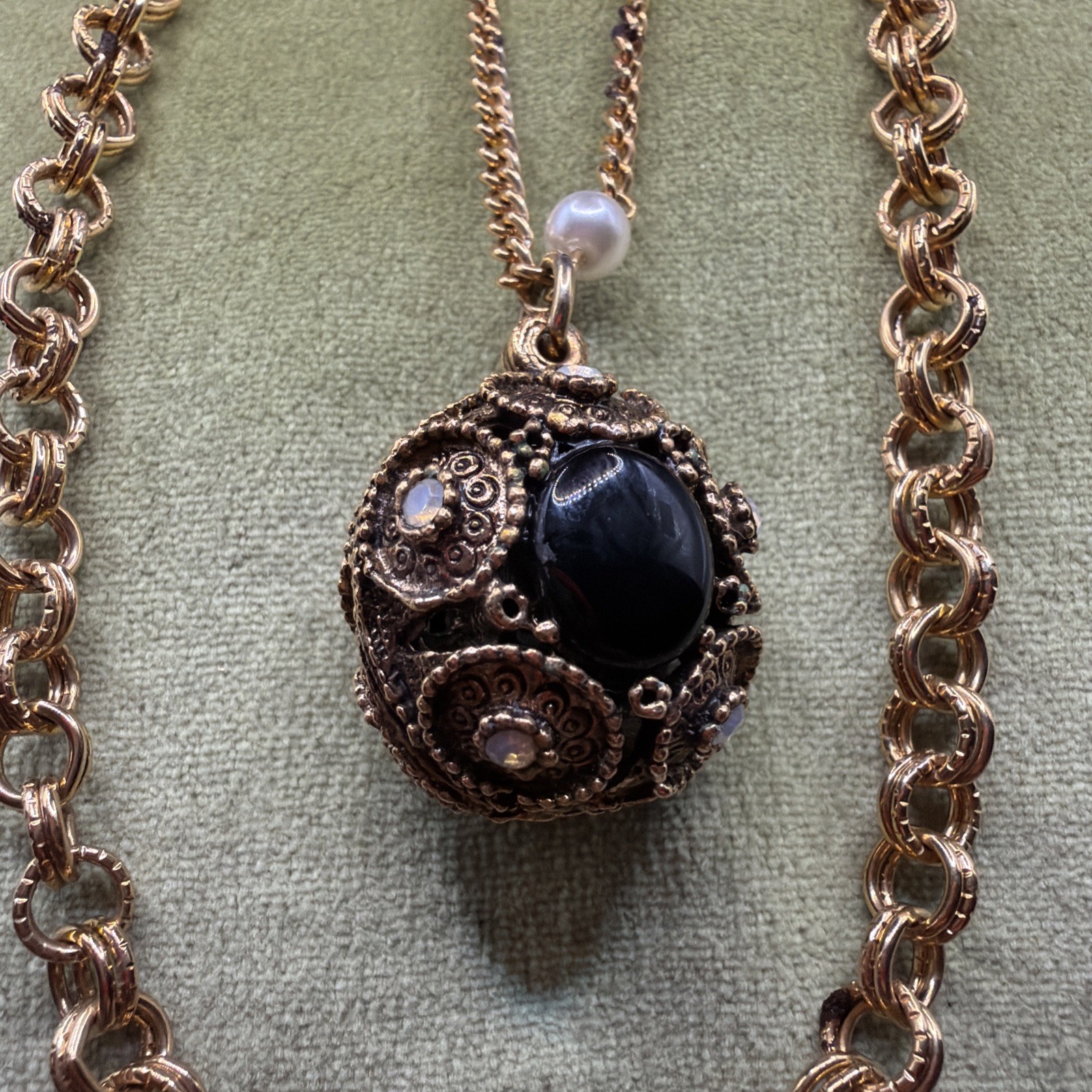 Victorian Revival Black Onyx Cabochon Pearl Station Pendant Necklace Long