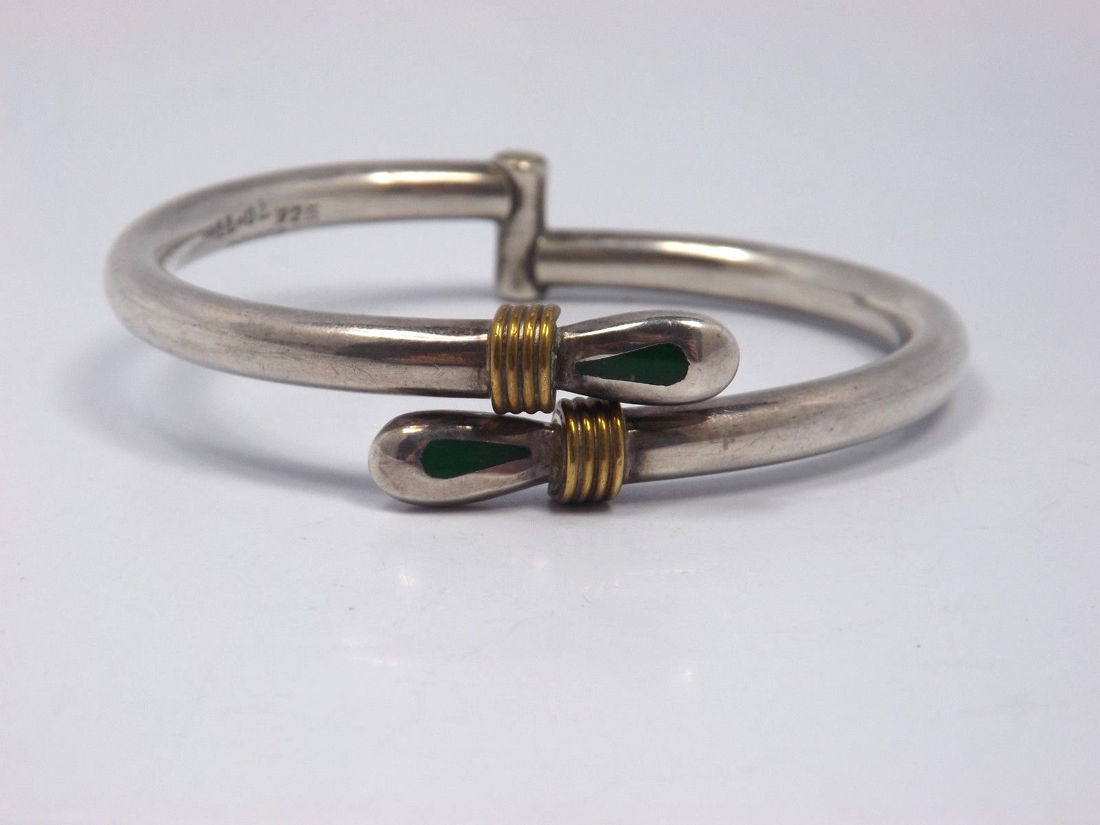 Vintage Taxco Mexico Sterling Silver Malachite Ends Hinged Bracelet, 26.4 grams