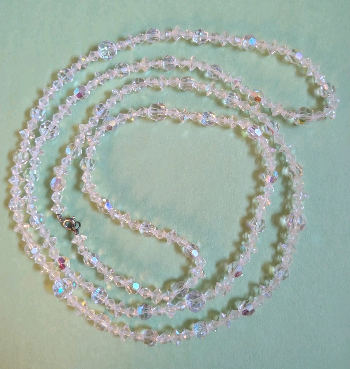 Vintage VERY LONG Faceted CLEAR CRYSTALS Beaded Chain Necklace