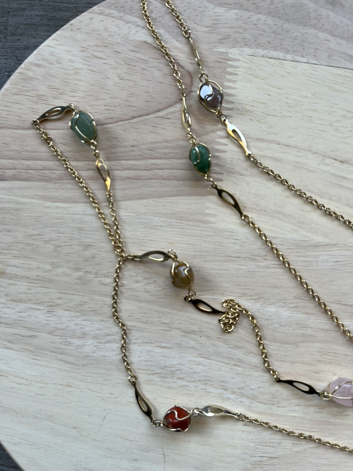 Vintage Gold Tone Wire Wrapped Multicolor Quartz Bead Necklace 22”Long