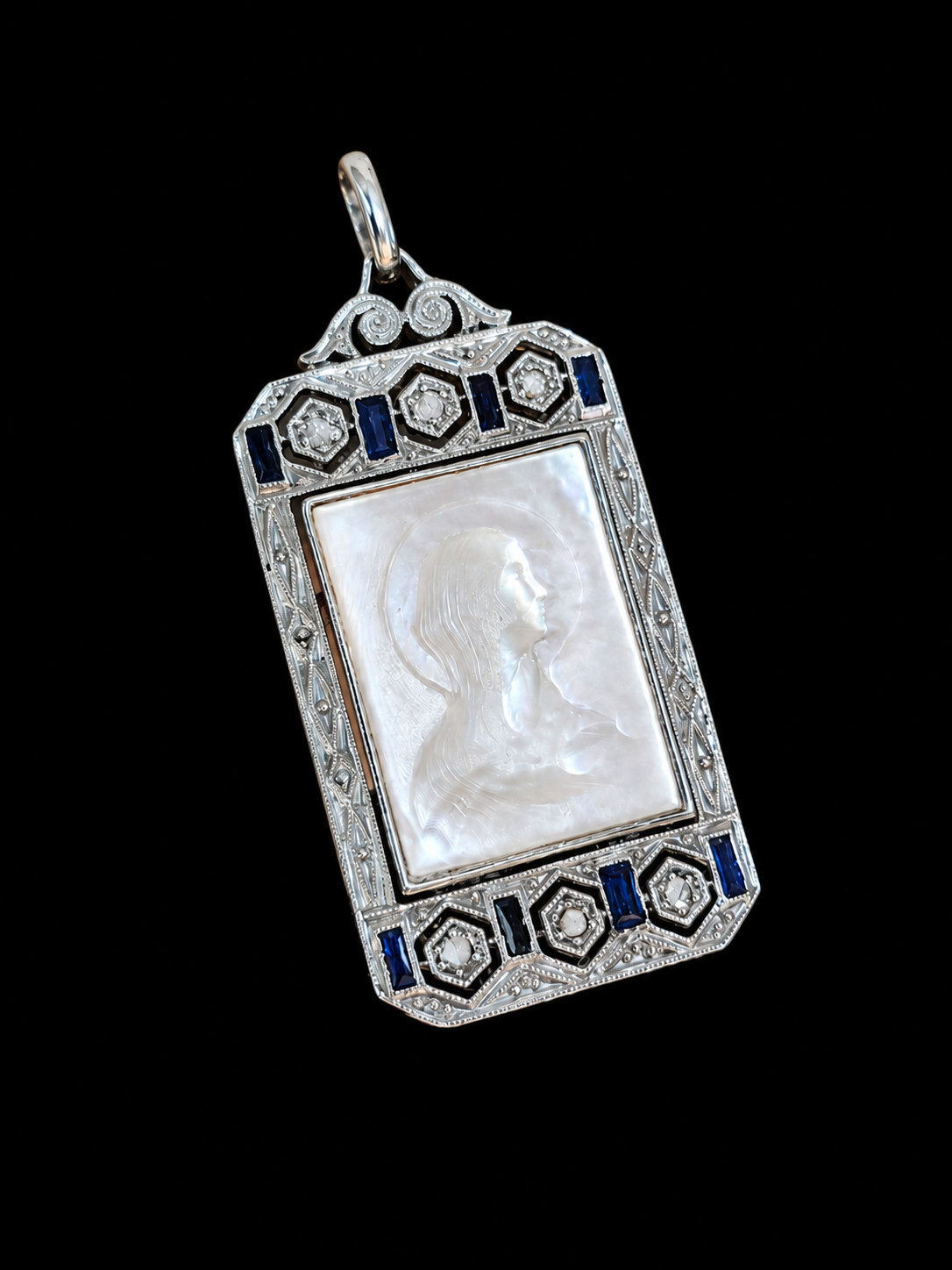 Antique Art Deco 18K Gold Religious Virgin Mary Pendant Diamonds Sapphires