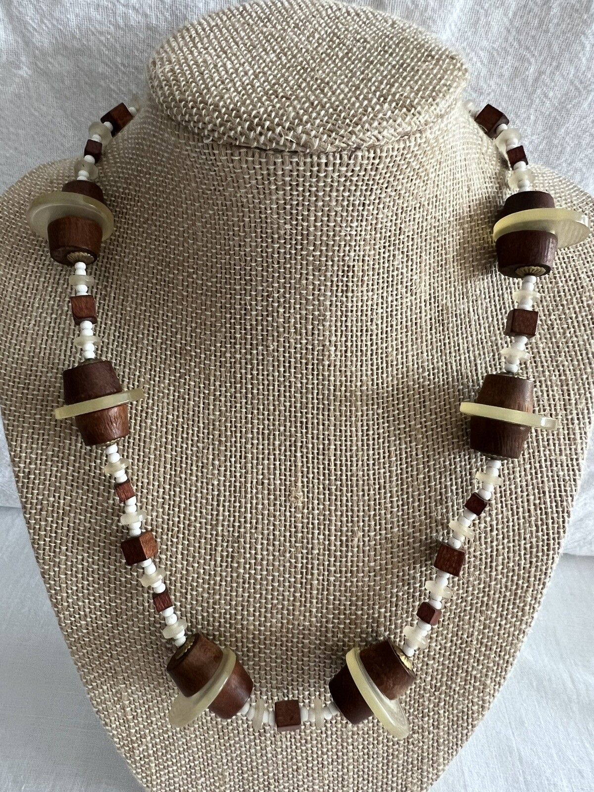 Vintage MIRIAM HASKELL Seed Bead, Wood and Lucite Disc Necklace Signed 19″ Long