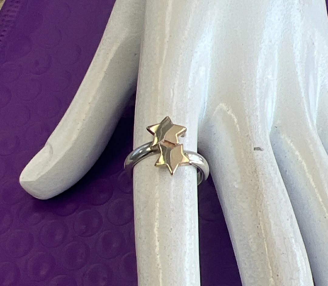 Sterling Silver & 14k Gold Woman Lady Fashion Ring W/ 2 Stars Sz 5″-3.31g-Tested