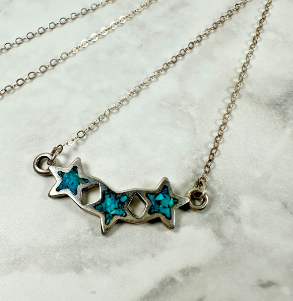 Sterling Silver Southwest Necklace – 3 Stars with Turquoise Chip Inlay – 14″