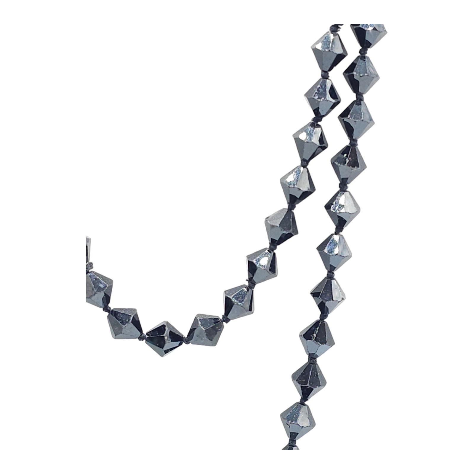 Black Bicone Crystal Cut Beaded Long Hand Knotted No Clasp Necklace Vintage