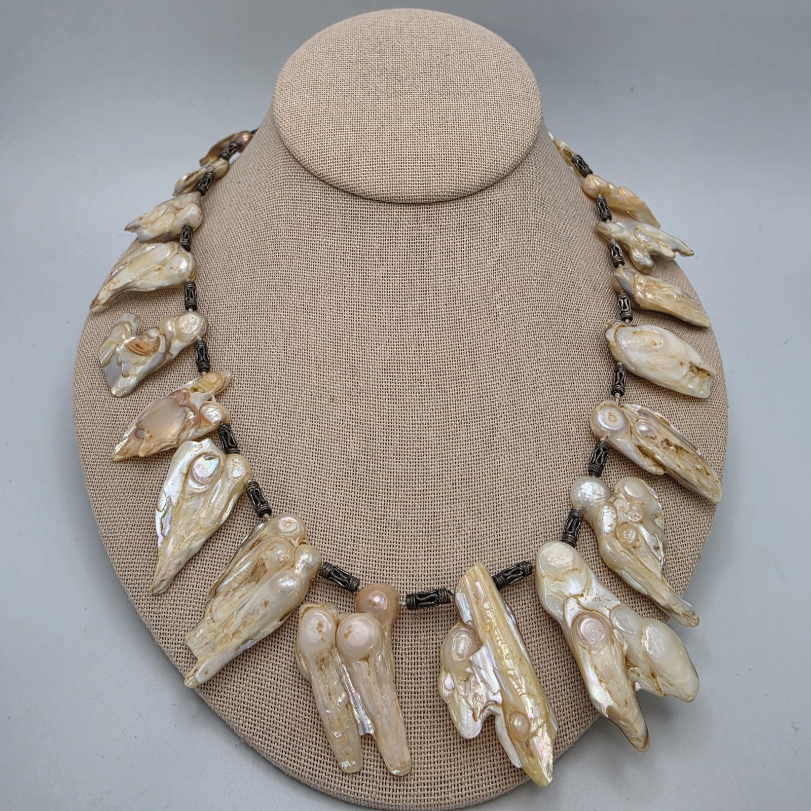 Vtg Blister Pearl Shell Necklace Statement Fringe Sterling Bali Bead