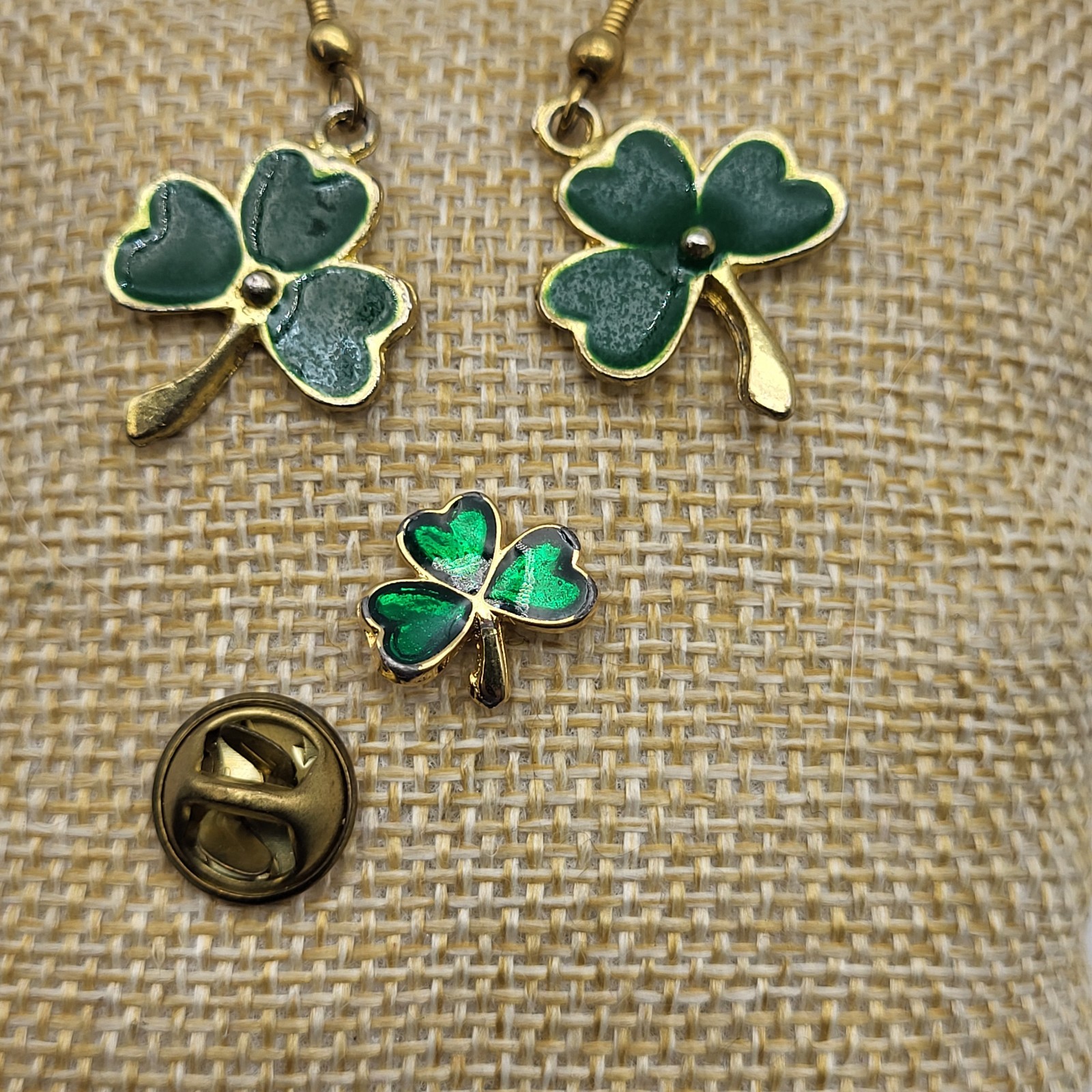 Fabulous Lucky Shamrock clover earrings & pin Saint Patricks Day Leprechaun