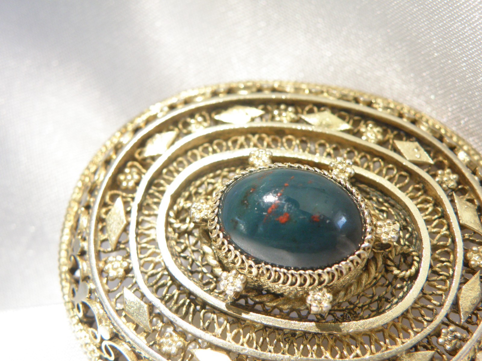 Vintage Silver Gold Plated Natura Bloodstone Large Filigree Brooch