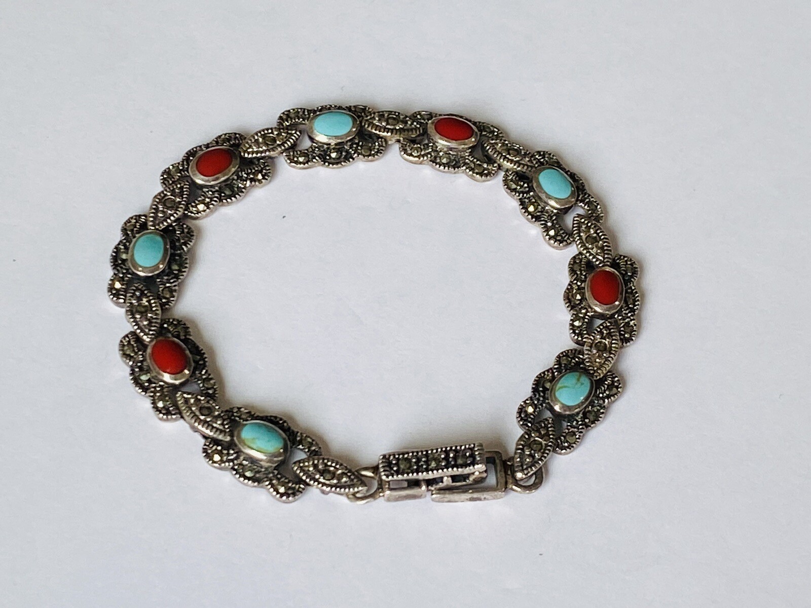 Vintage Sign Sterling Silver Multi Stone Turquoise Coral Marcasite Link Bracelet