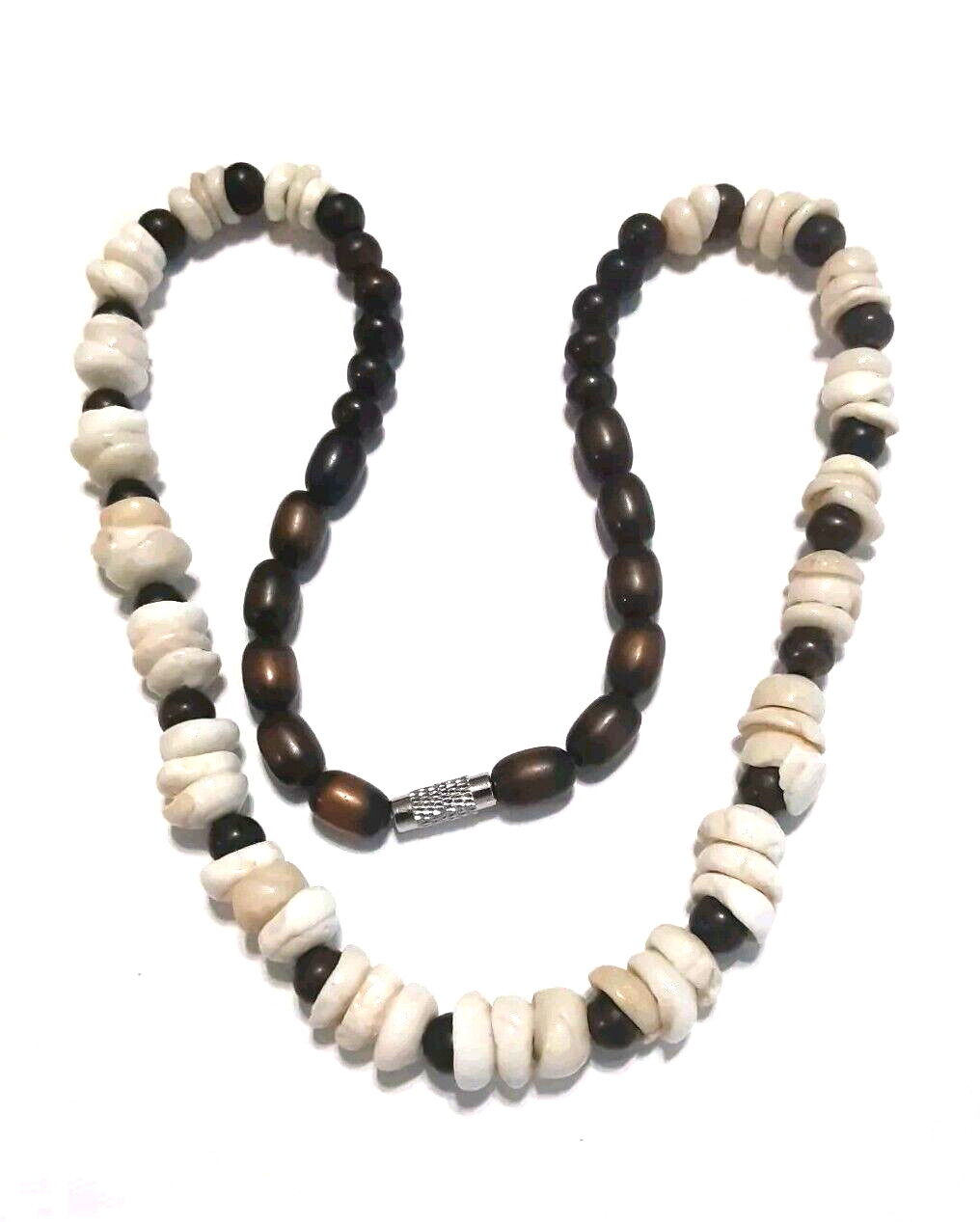 Vintage Puka Shell Necklace with Wood Bead 17.5 in