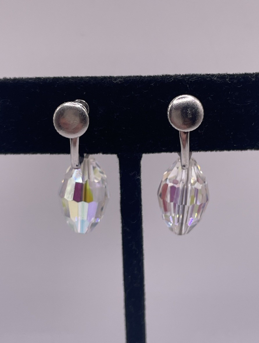 Vintage AB Aurora Borealis Faceted Crystal Drop Dangle Screw Back Earrings