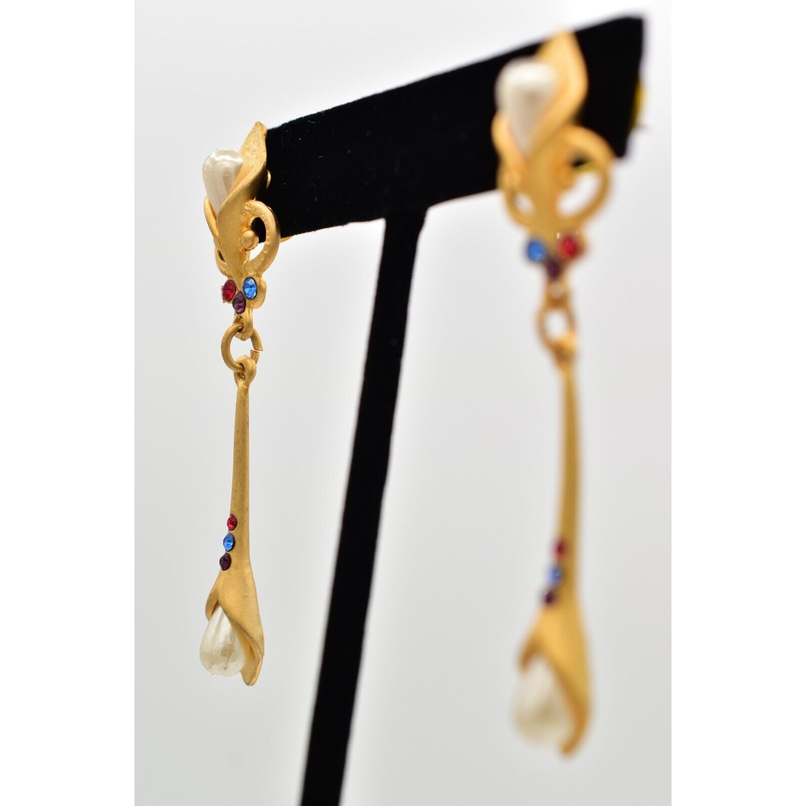 Vintage Pearl Crystal Dangle Earrings Drop Brushed Gold Matte NOS 1980s BinBK