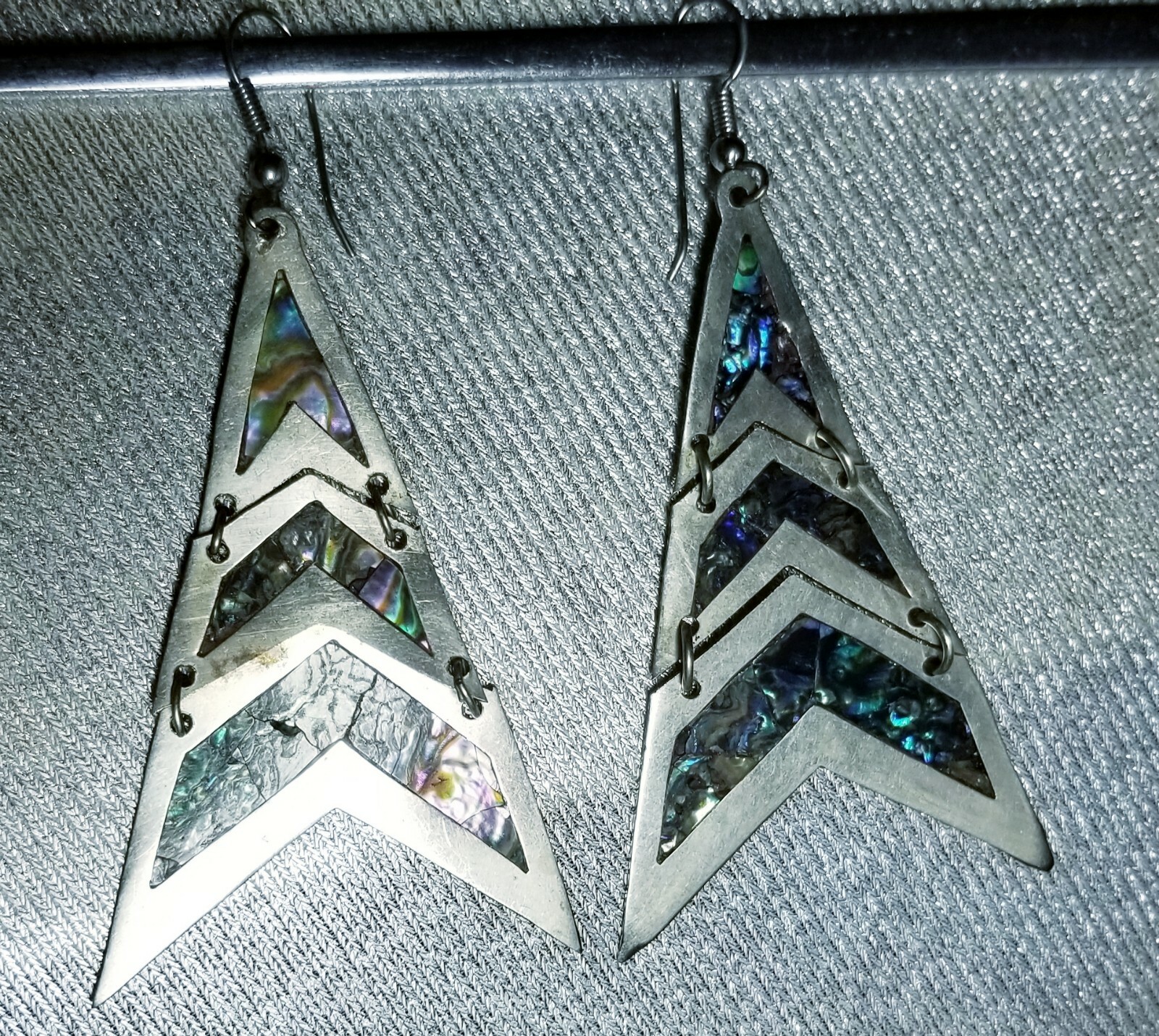 Vintage 80’s New Mexico 3 tiered triangular Silver Earrings Paua Abalone Shell 