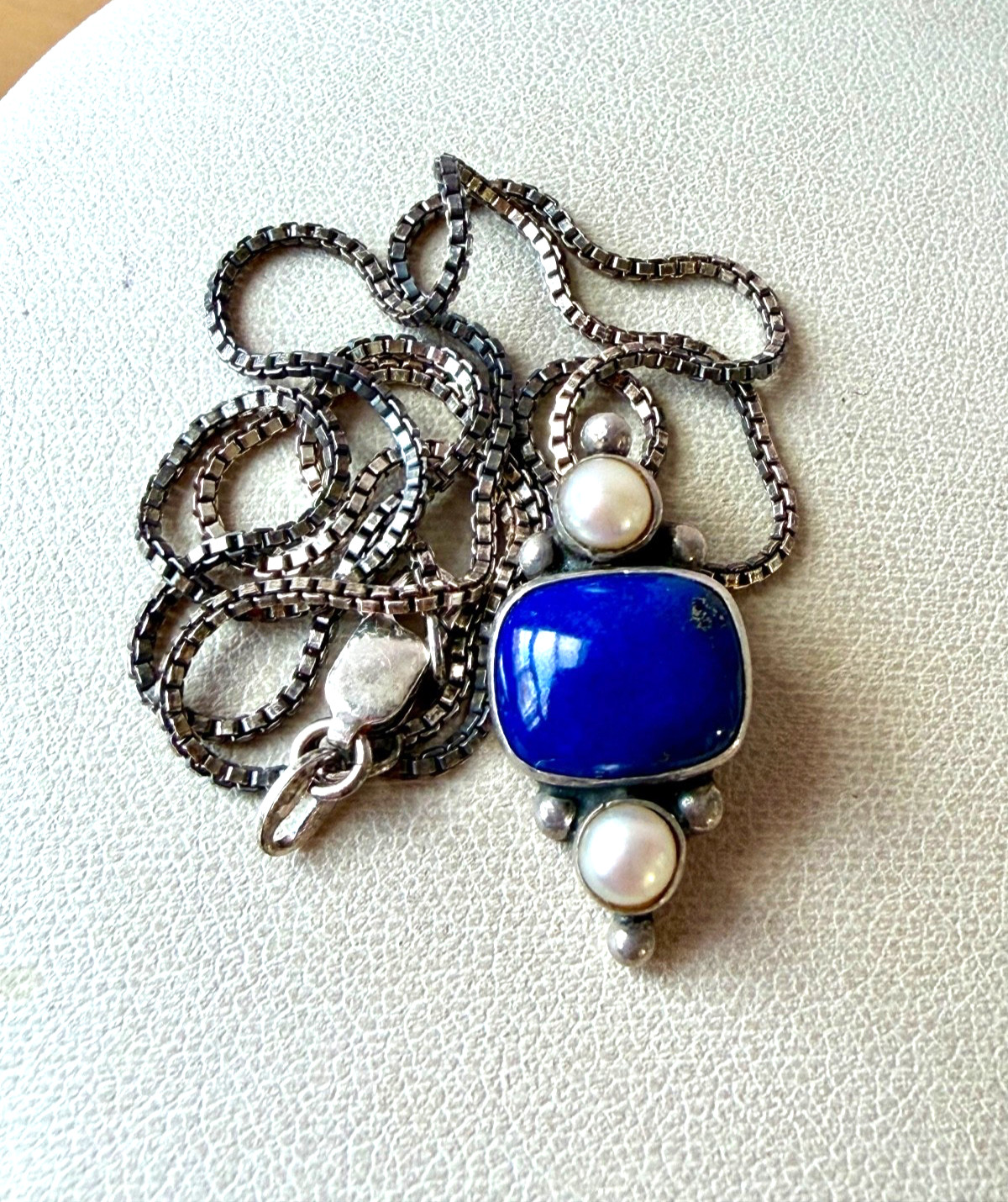 VINTAGE JGD JANICE GIRARDI LAPIS PEARL PENDANT CHAIN NECKLACE 925 STERLING SLVER