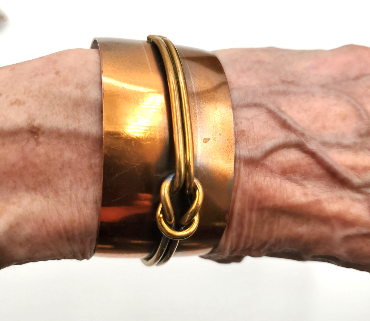 Vintage Genuine Copper Modernist Cuff Bracelet Brass Knot Accent