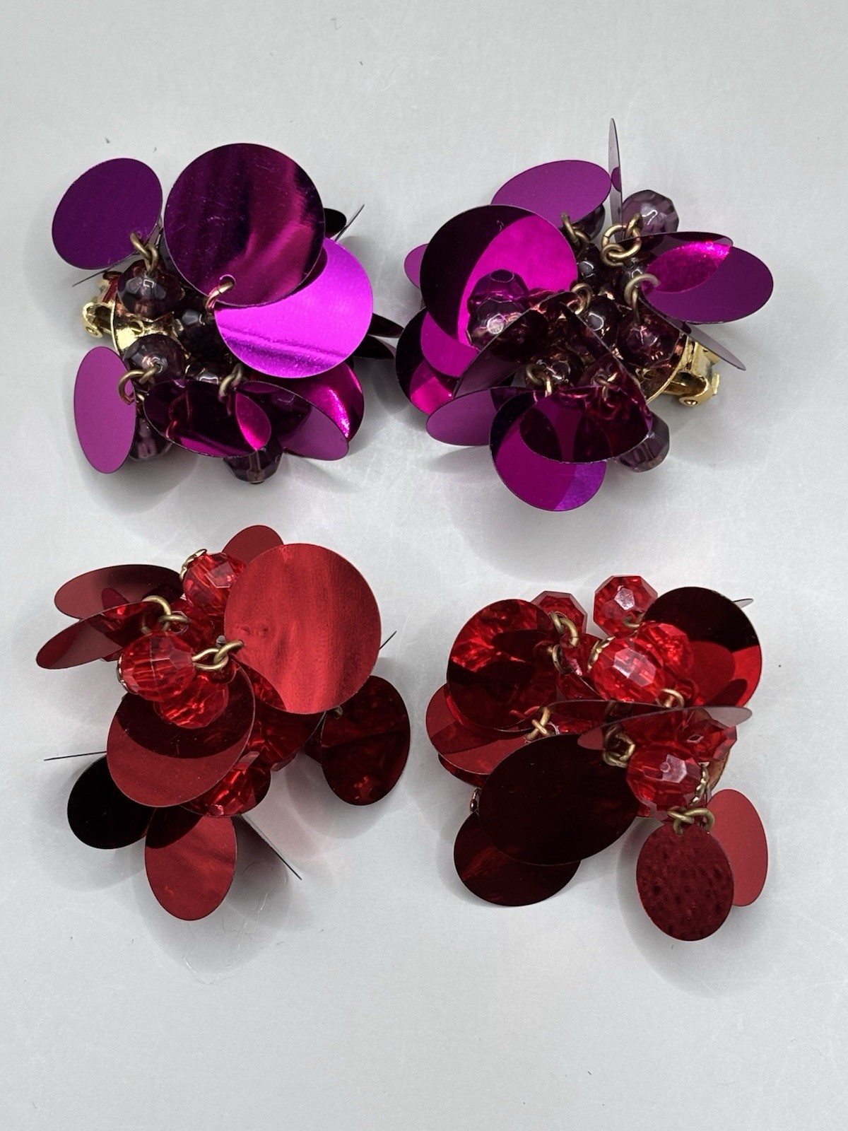 Vintage 1980’s Dauplaise II 2 Pair Sequin Beaded Clip Earrings Red Fuchsia/Pink