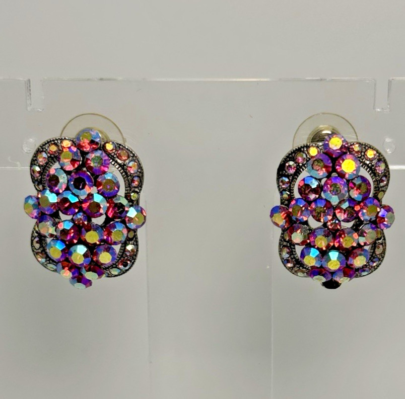 Vintage AB Rhinestone Cluster Earrings Pink Purple Aurora Borealis Gunmetal