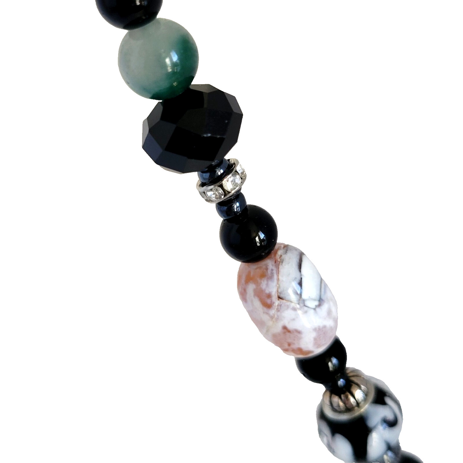 30″ necklace, rich green jadeite, black lava stone, lamp work, agate, silver.