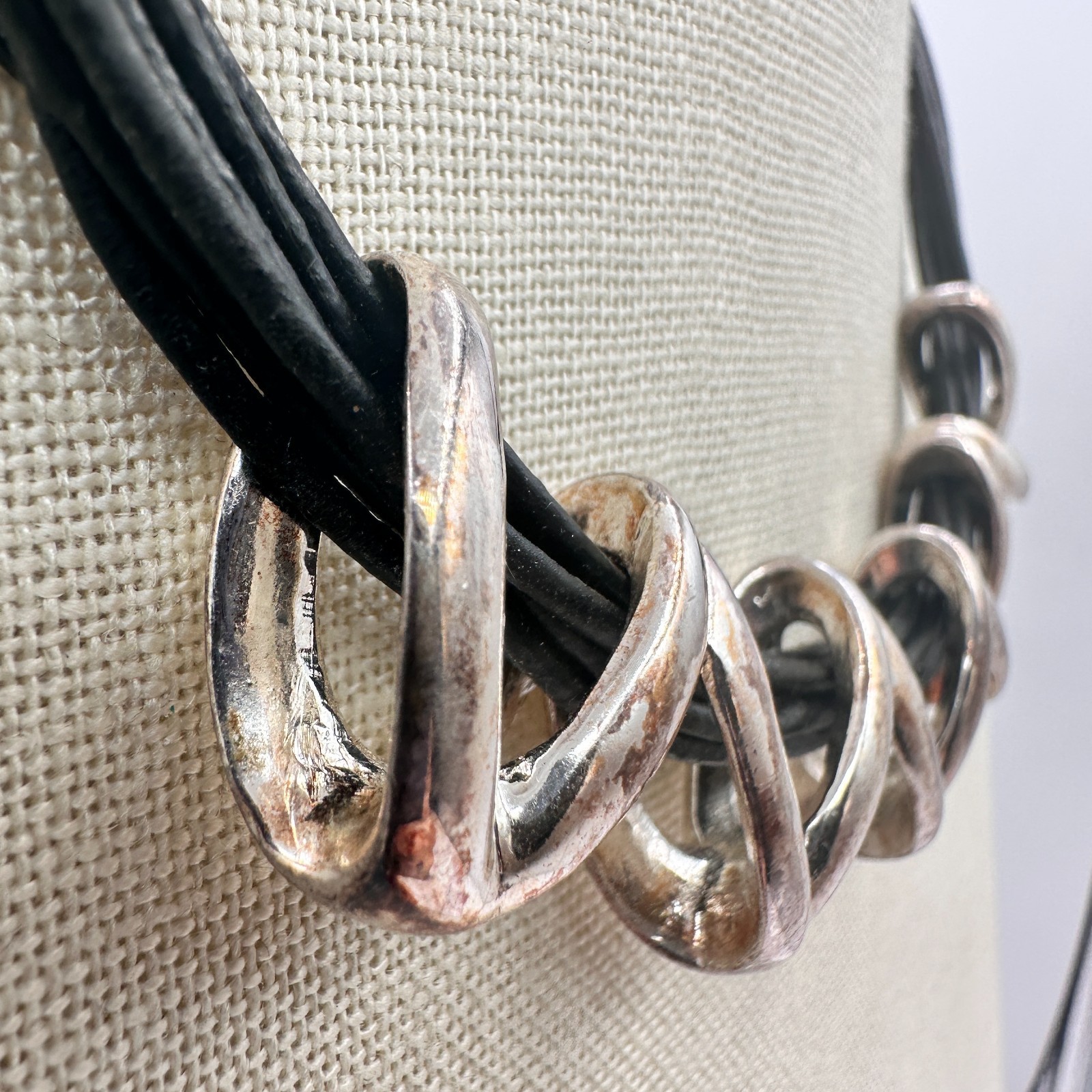 Vintage 90s Multi Strand Leather Cord Silver Tone Zig-Zag Necklace Jewelry