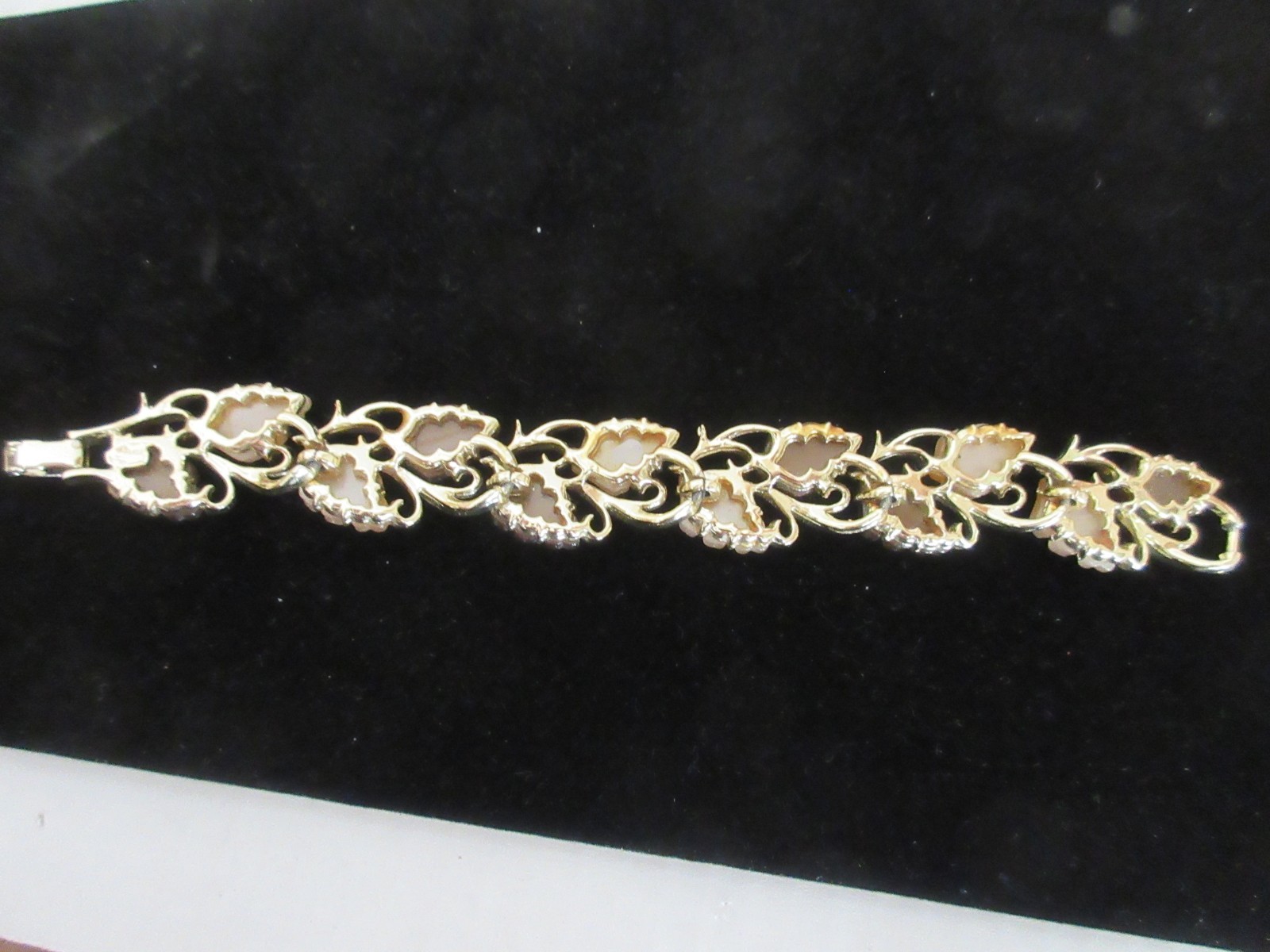 Vintage Gold Tone Bracelet with Moonglow Lucite Leaves, Brown and Tan, 1950-’60s