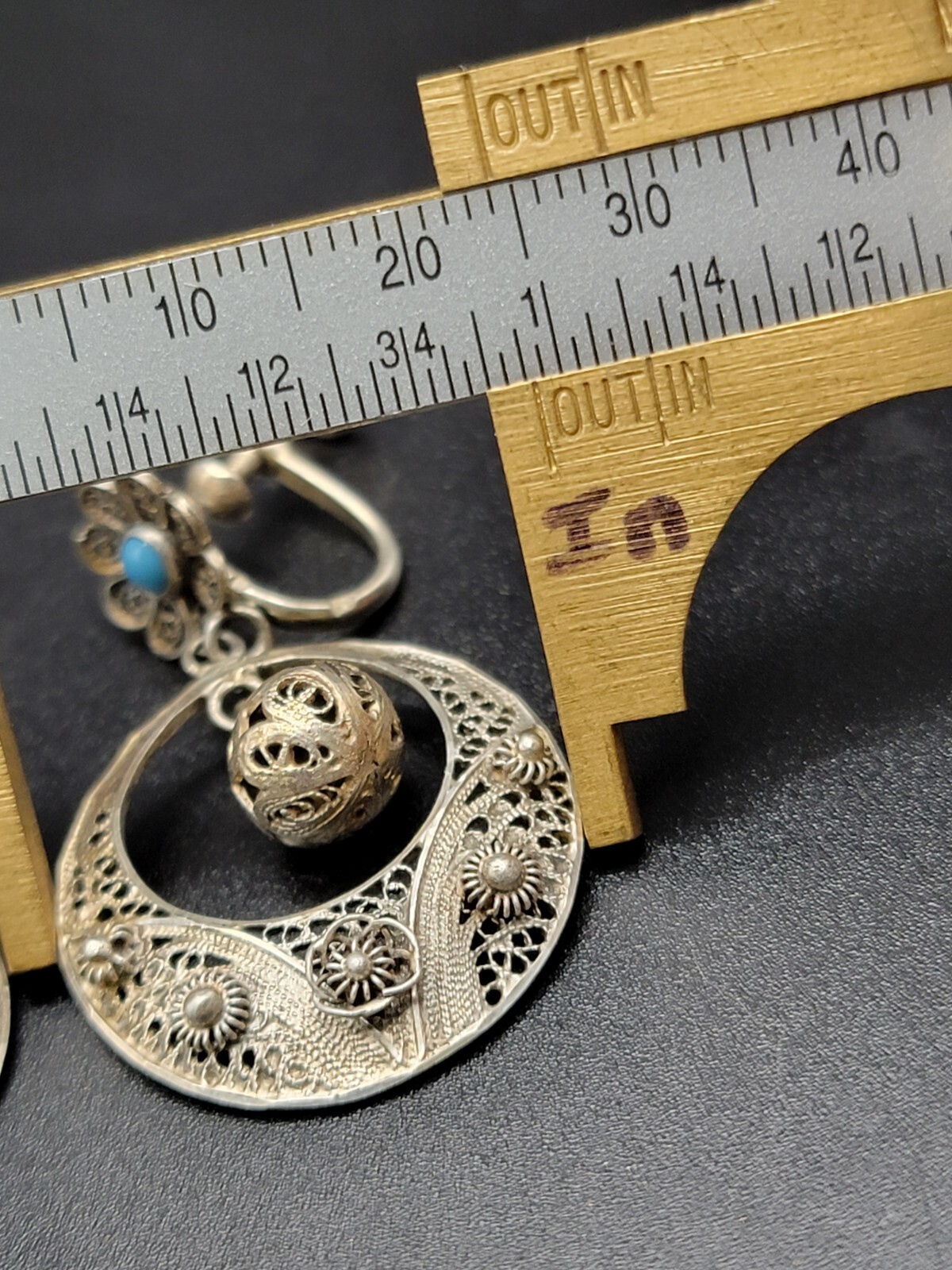 833 Silver Filigree Drop Earrings Turquoise Accent Dangle Vintage Ethnic