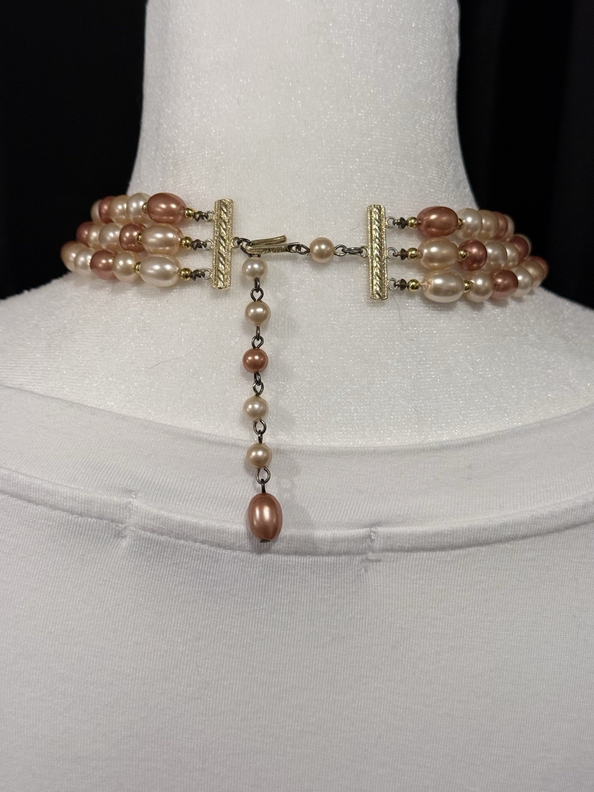 Vintage Triple Strand Made In Hong Kong Peach Cream Beaded Necklace