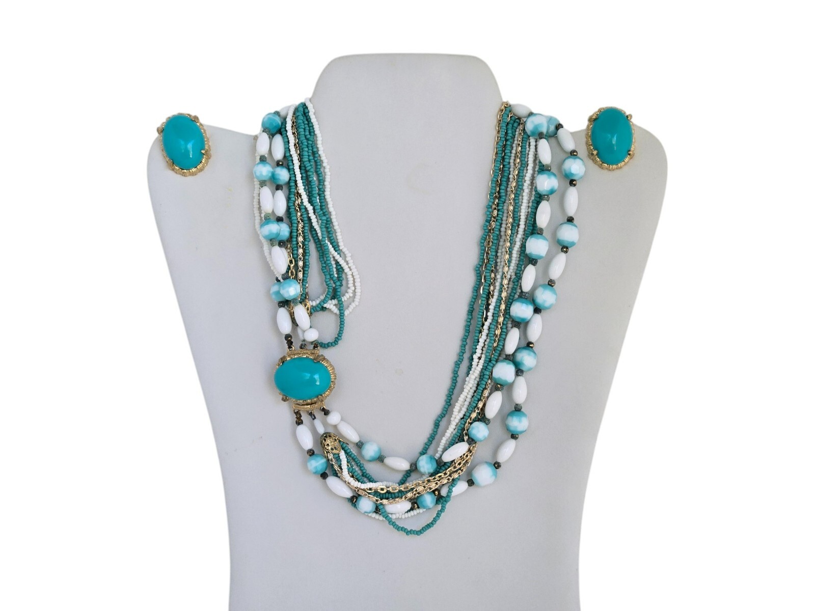 Vintage Turquoise and White Bead Necklace and Clip Earrings Set