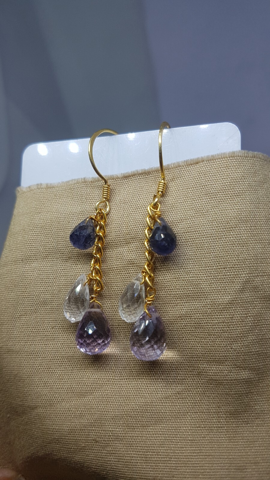 Iolite pink amethyst Clear quartz gemstone 925 sterling silver earrings jewelry