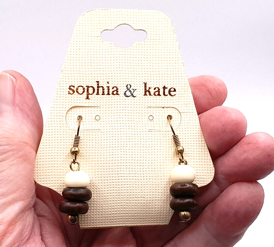 Sophia & Kate White Brown Wood Beaded 2″ Drop/Dangle Earrings New