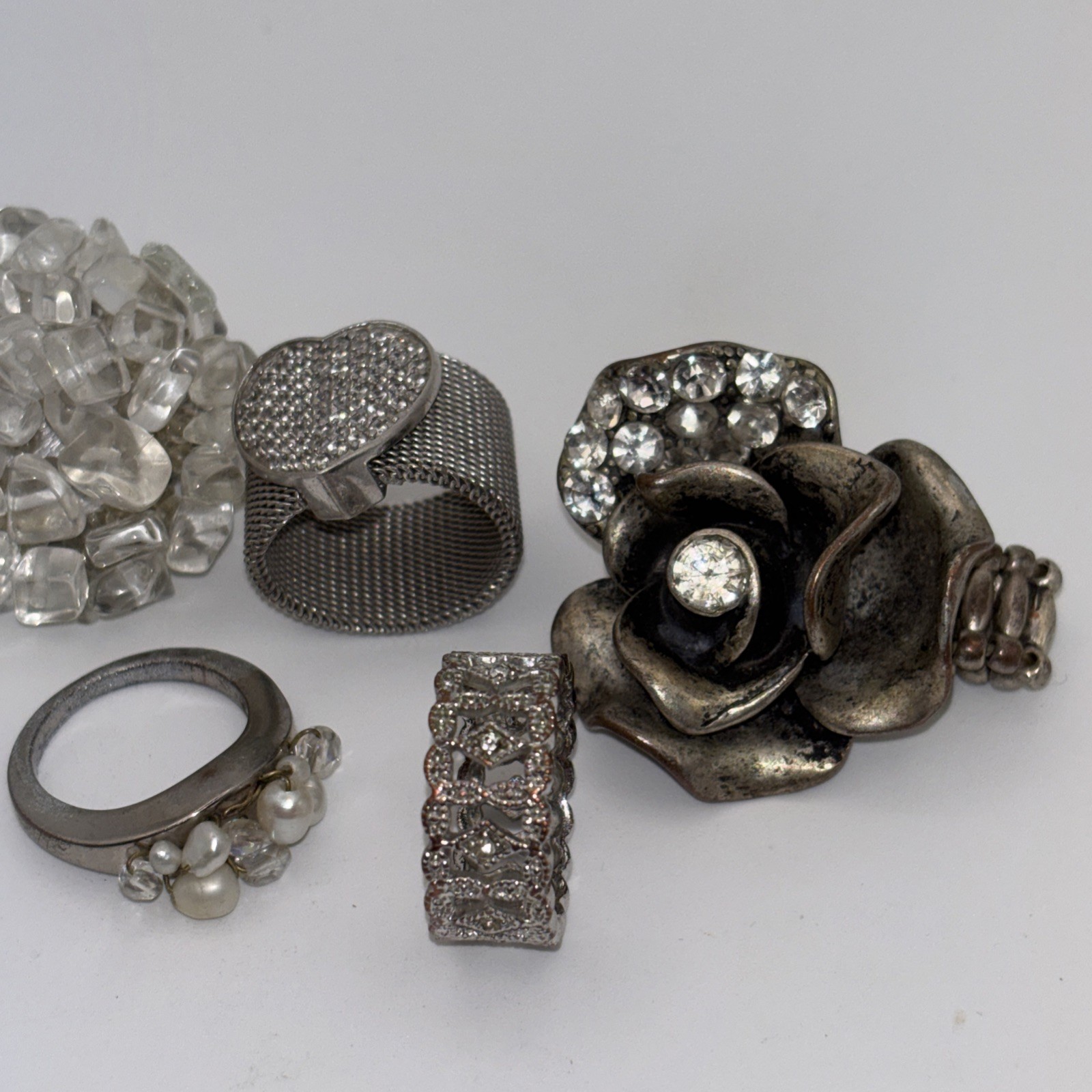 Vintage Costume Jewelry Lot Of 5. Flowers, Heart, Jewels, And More. Various Size