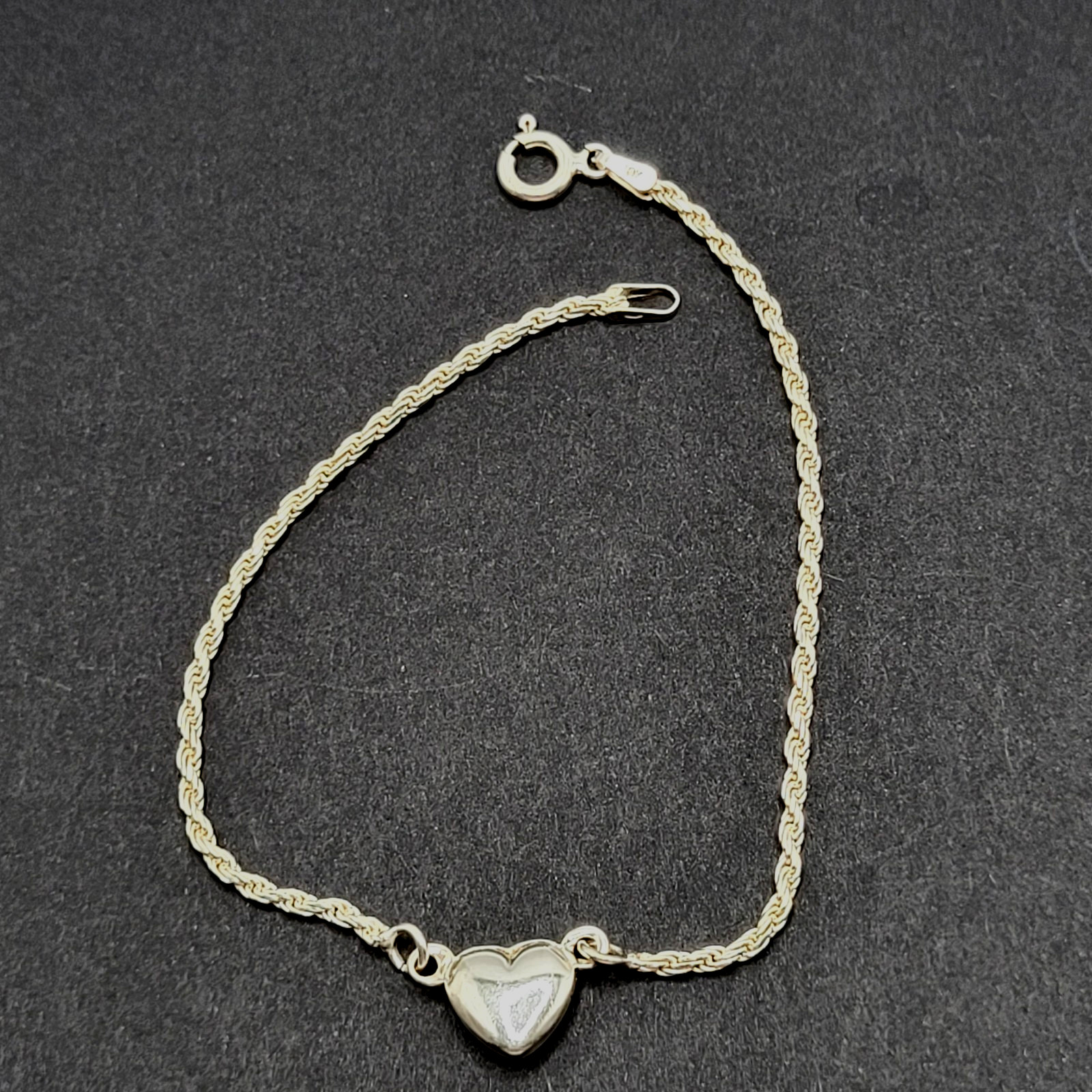 Minimalist Dainty Puffed Heart Station 925 Sterling Rope Chain Bracelet 7.25 in