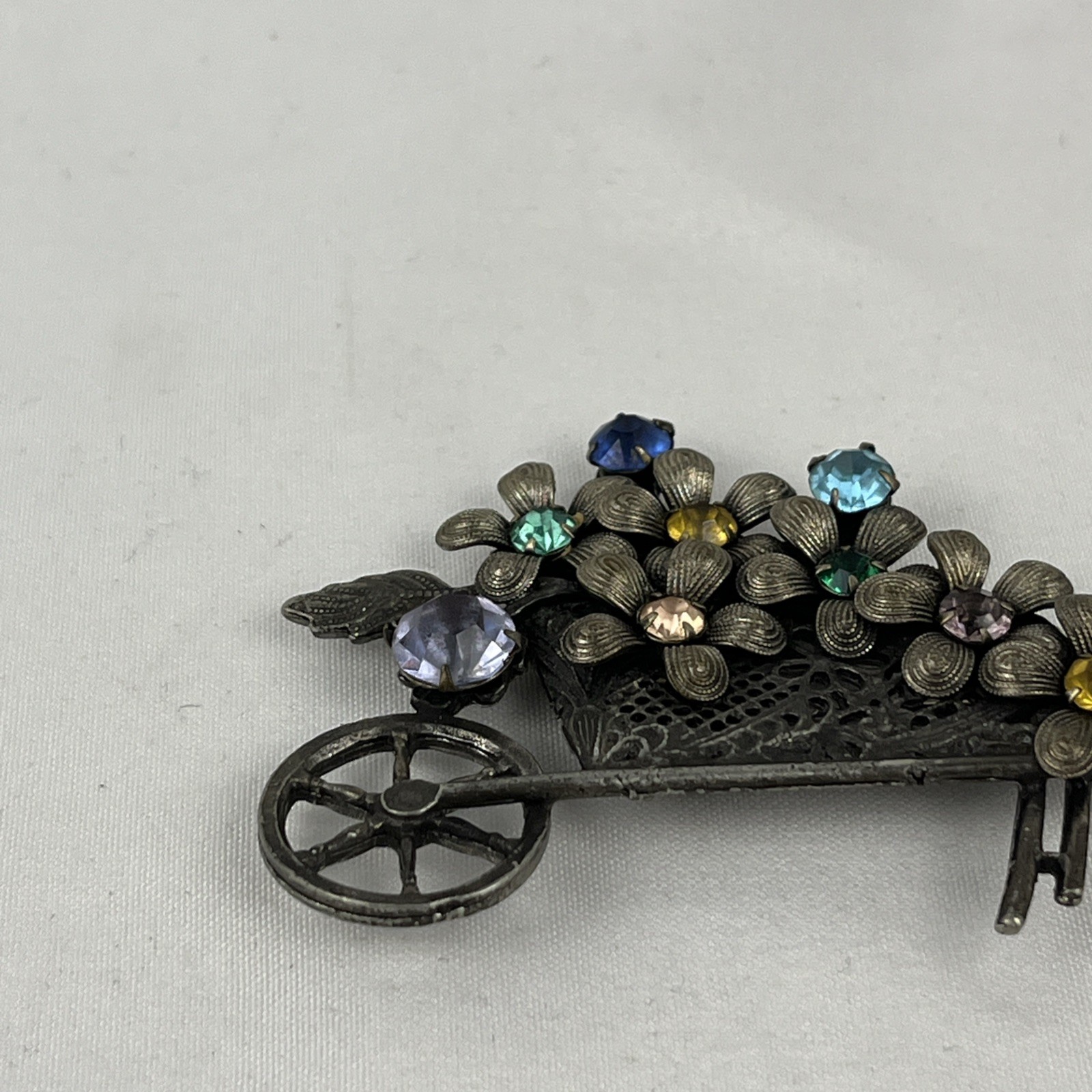 Vintage Wheelbarrow Pin Brooch Rhinestone Flowers Brass Filigree Garden Cart
