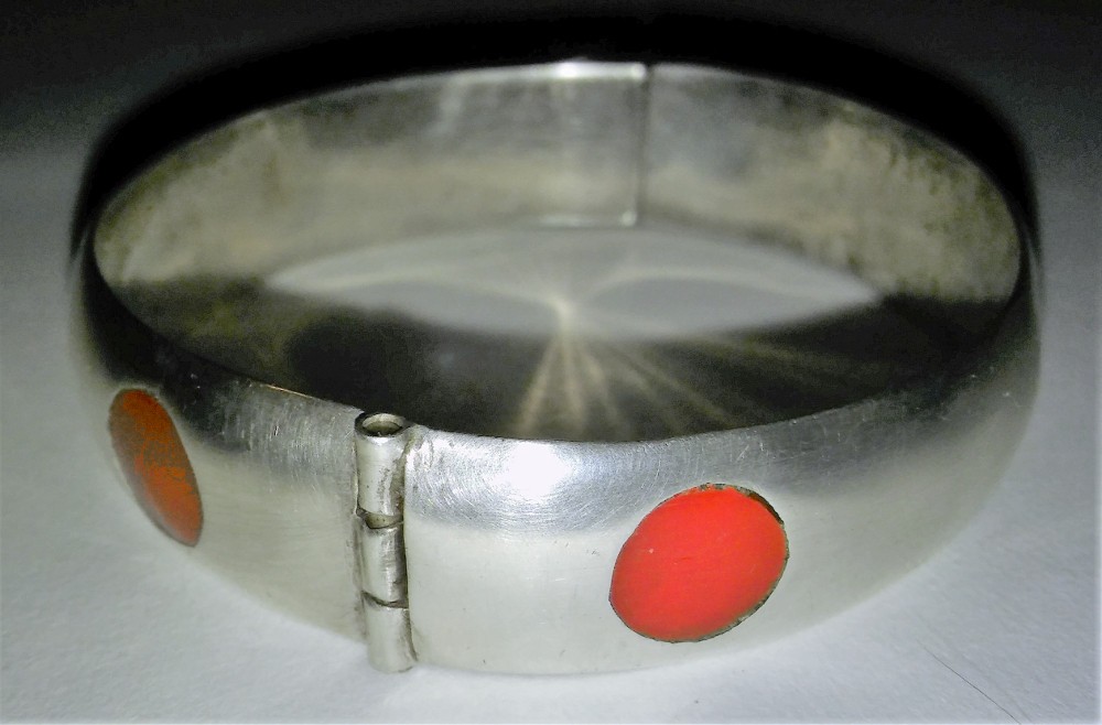 Vintage Mexican Silver Bracelet Taxco Red Polka Dot Bangle Frida Style Era Antiq