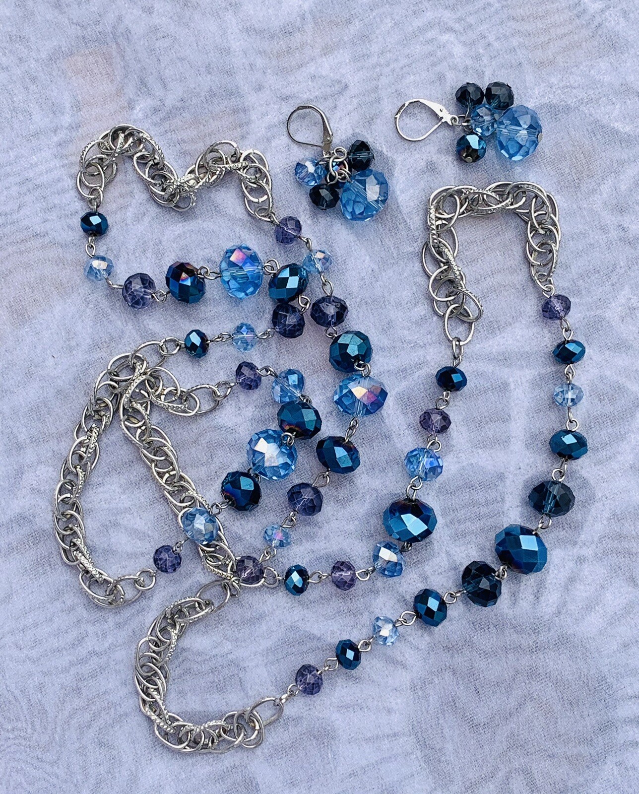 Vintage 70s Blue, Peacock & Purple Aurora Borealis Crystal Necklace Earrings Set