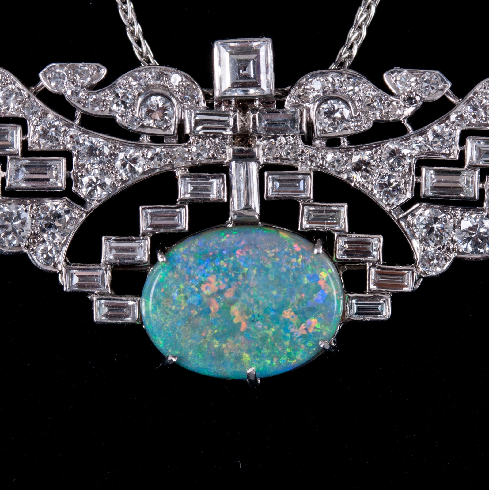 Vintage 1930’s .950 Platinum Oval Cabochon AAA Opal Diamond Necklace 7.89ctw