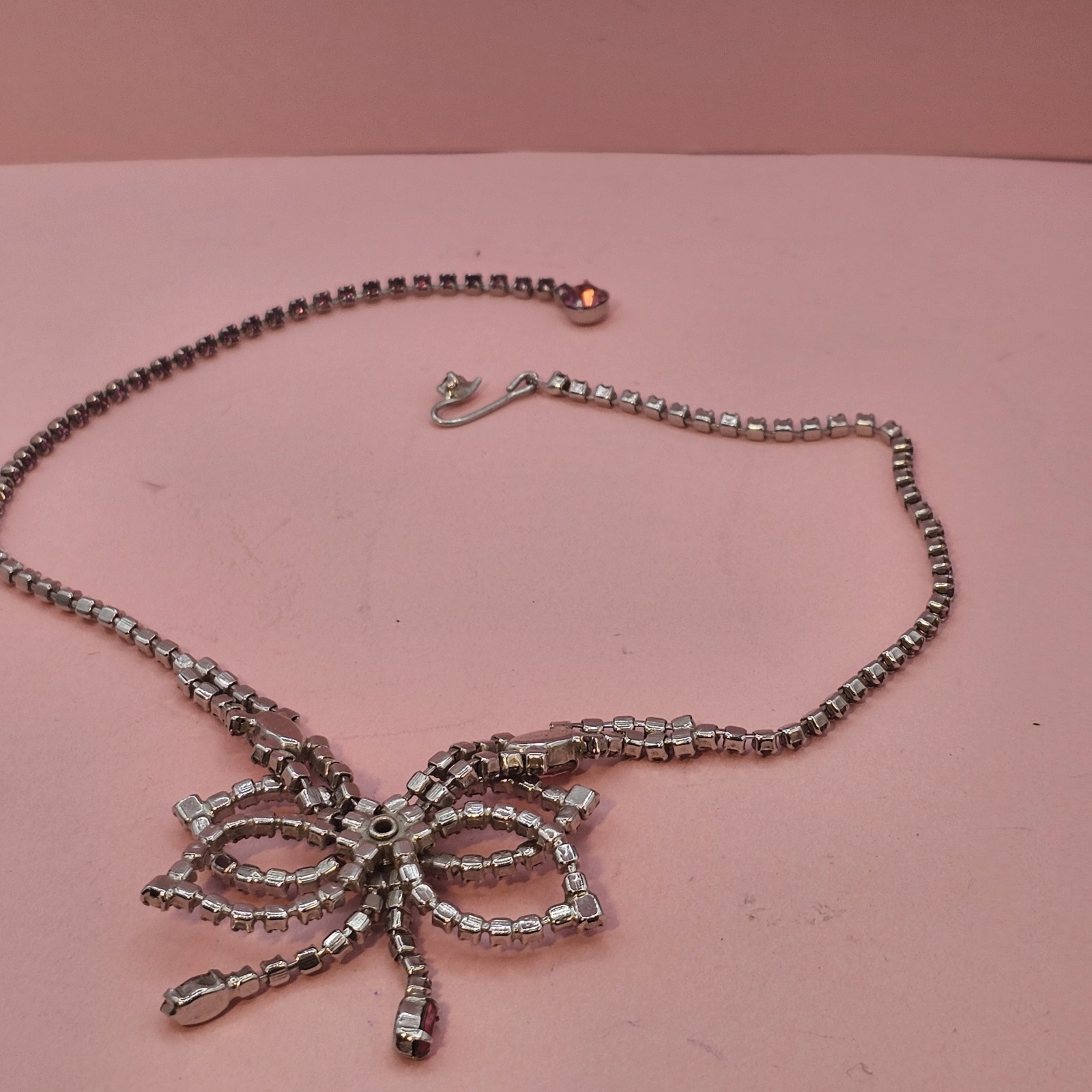 Vintage Pink Rhinestone Necklace Bow Statement Drop Bib Silvertone 1980s Prom