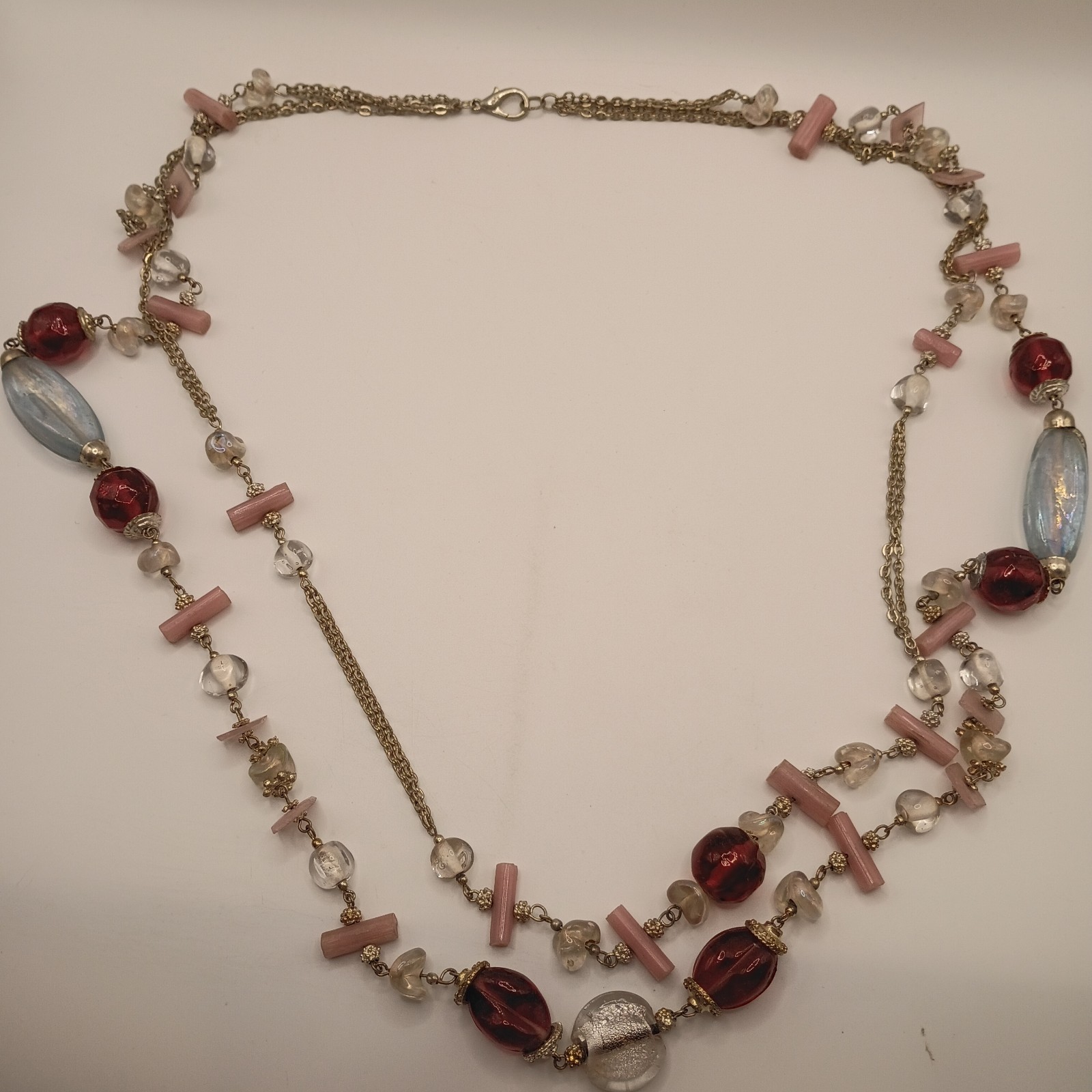 Vintage Art Glass Station Necklace Pink Red Iridescent 36″