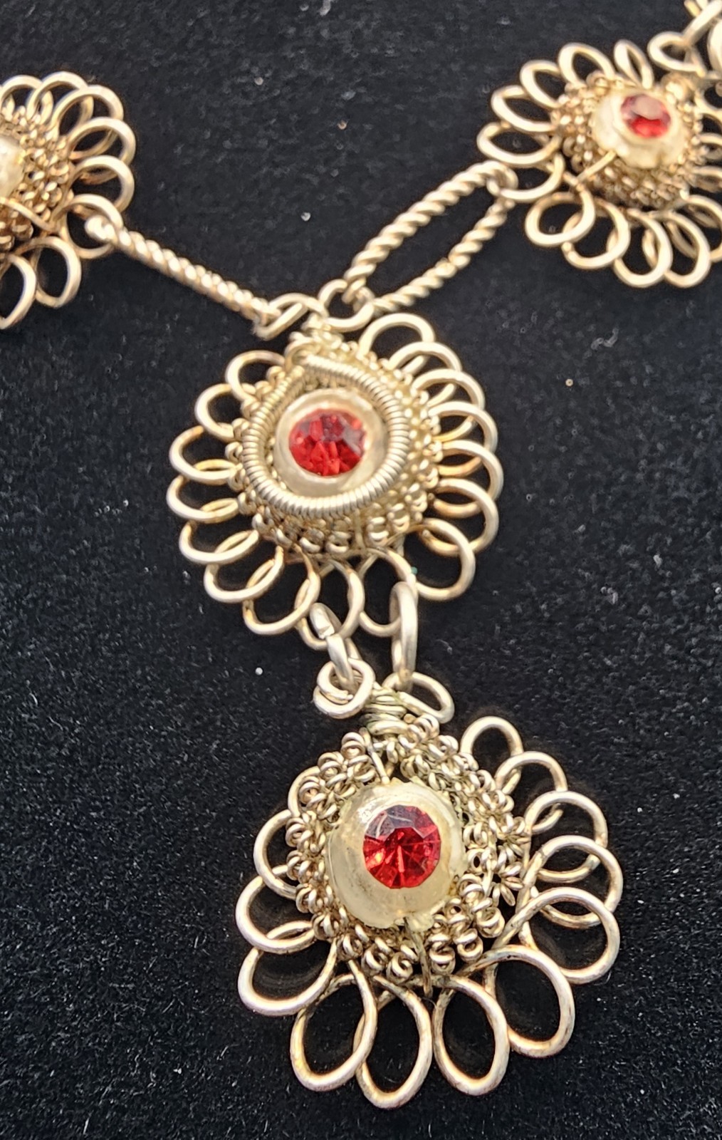 Vintage Cannetille Spun Wire Necklace Lot 2 Faux Pearl Rhinestone Original Clasp