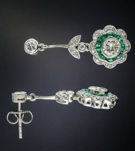 2.85Ct Art Deco Style Diamond & Emerald Drop Dangle 14k White Gold FN Earrings