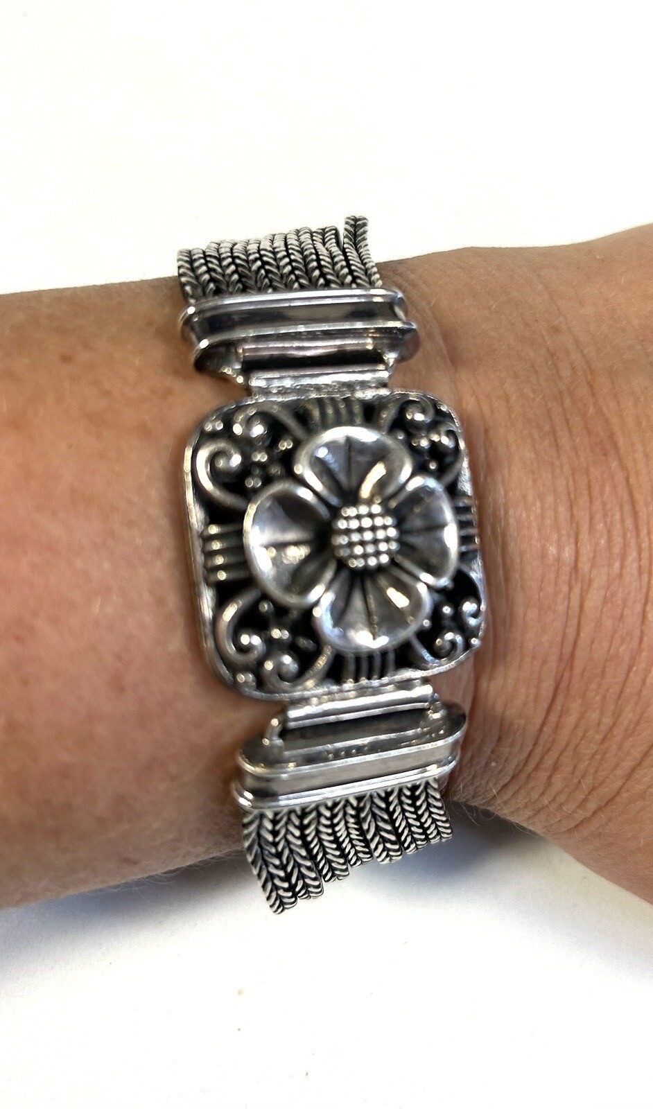 Vintage Floral .925 Sterling Silver Multi Strand Wheat Chain Bracelet