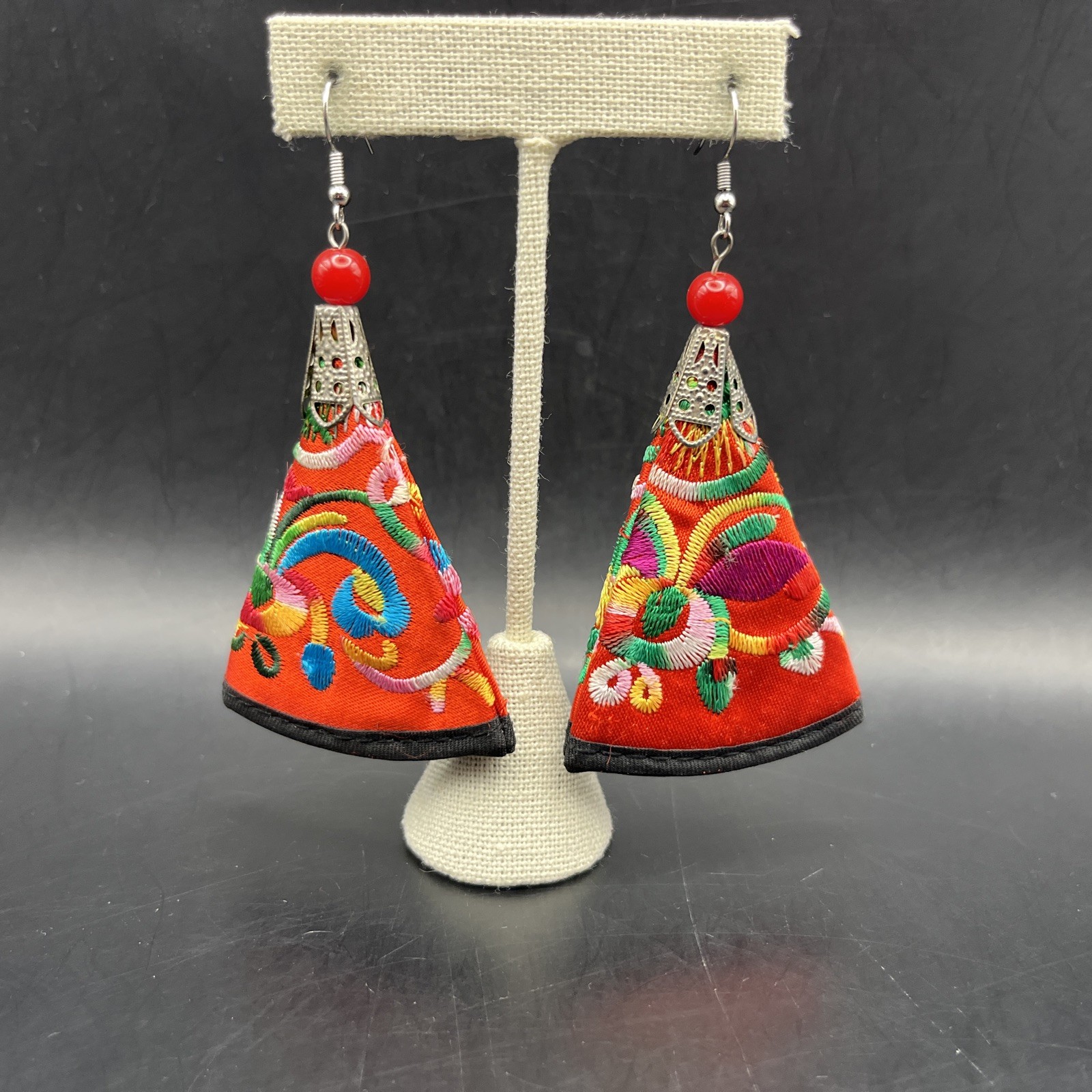 Colorful Embroidered Earrings Drop Dangle Hook Red Vibrant Bright Bold Boho
