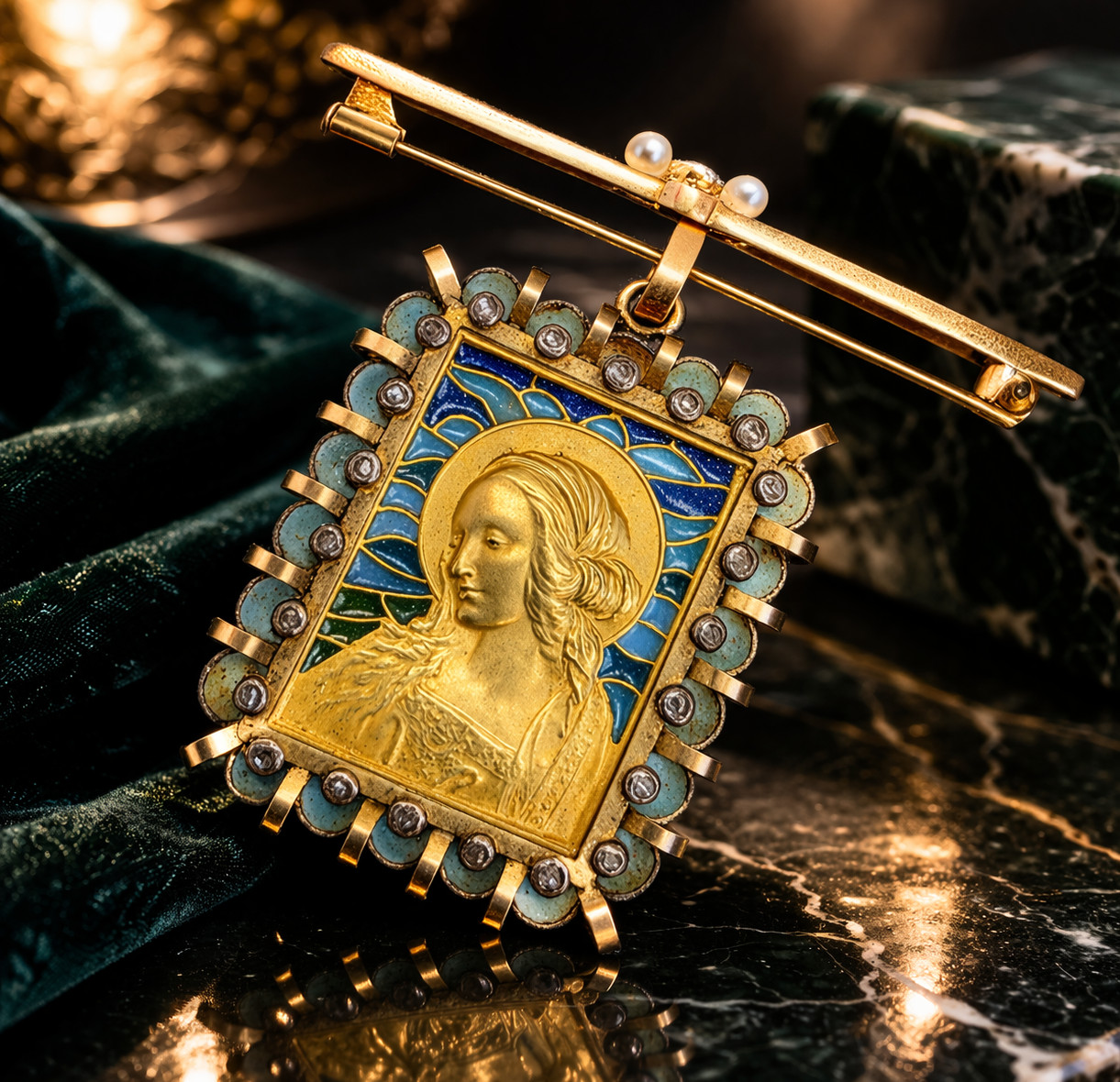 Fine Antique Art Deco 18K Gold Plique a Jour Virgin Mary Pendant Brooch C 1930