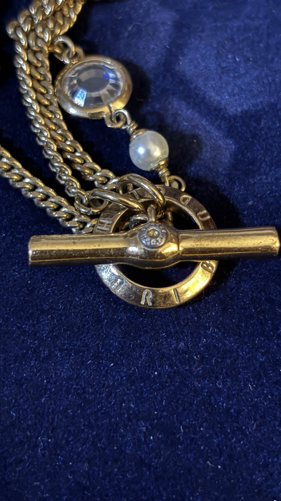Vintage Signed Henri Bendel 2 Strand Faux Pearls Crystal Station Necklace 42”