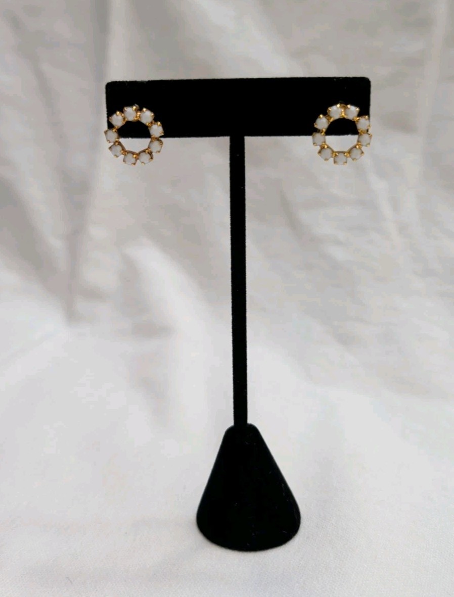 Vtg White Stone Circle Post Pierced Earrings MCM 1950s Dainty Petite Classic